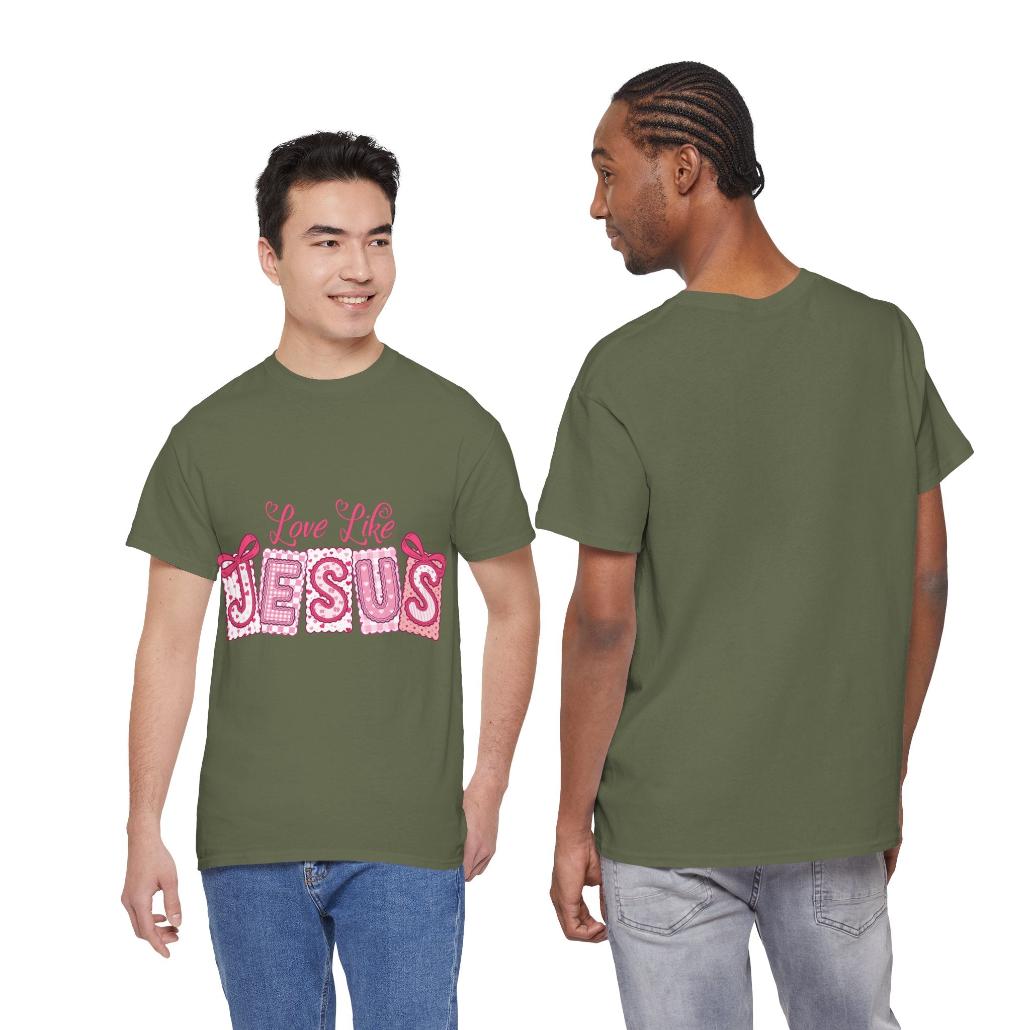 Love Like Jesus Patchwork Tee — Pink Stitched Heart Graphic.Unisex Cotton Tee