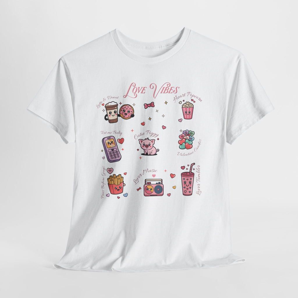 Love Vibes Kawaii Valentine T-Shirt — Cute Donut, Coffee & Piglet Design Unisex Cotton Tee