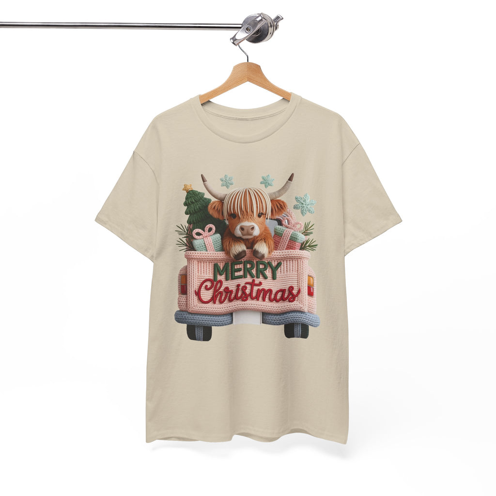 Merry Christmas Highland Cow Knit Truck Unisex Cotton T-Shirt