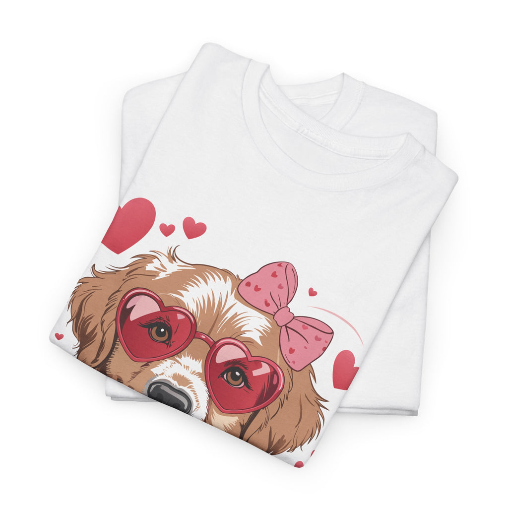 Valentine Dog T-Shirt — Cute Pup with Heart Glasses, Pink Bow & Lollipop..Unisex Cotton Tee