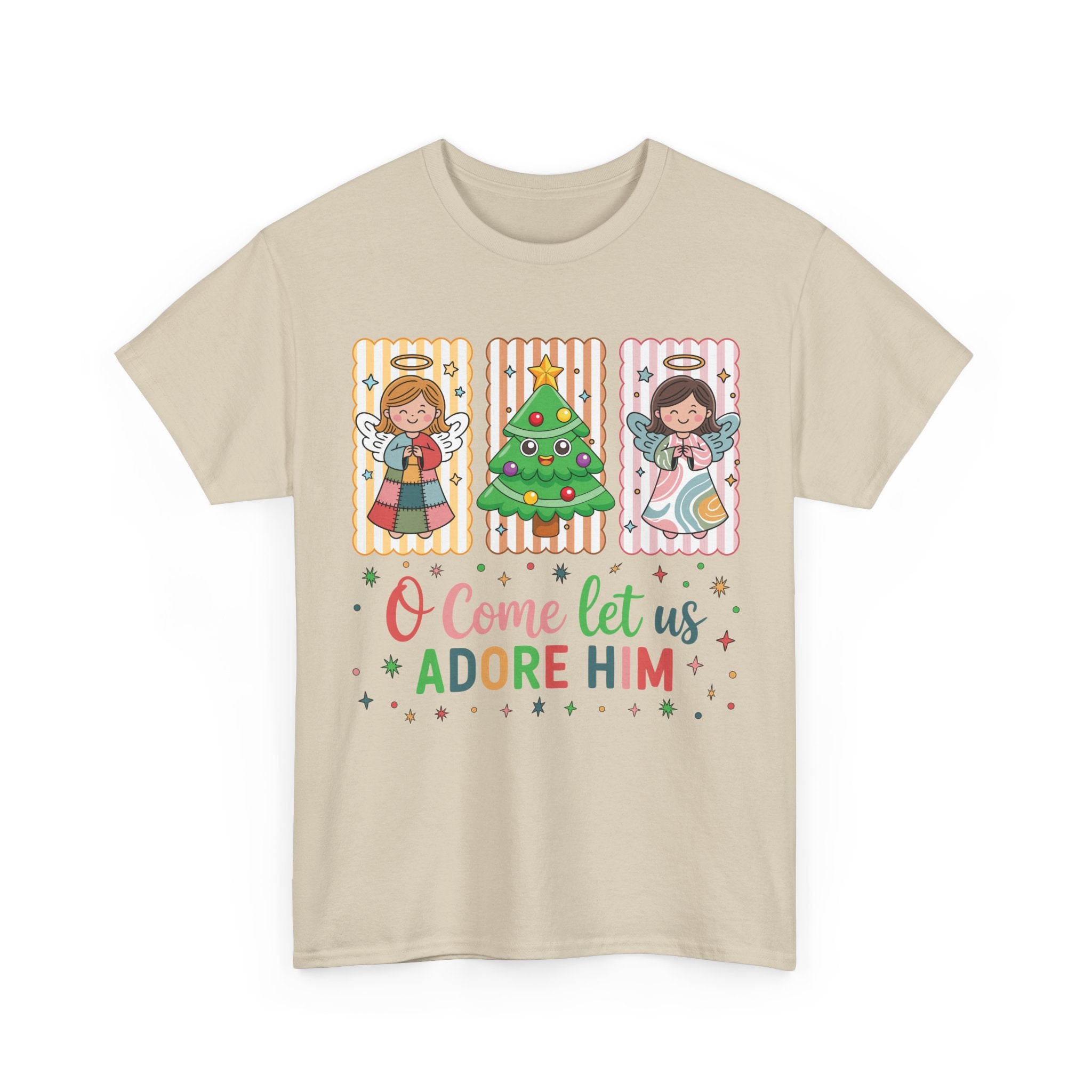 O Come Let Us Adore Him Christmas Tee — Smiling Angels & Happy Tree..Unisex Cotton Tee