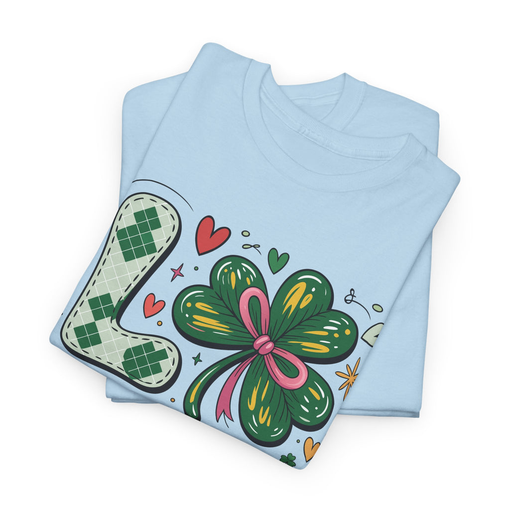 Stitched Clover 'LOVE' Tee — Heart & Patchwork St. Patrick's Unisex Cotton T-Shirt