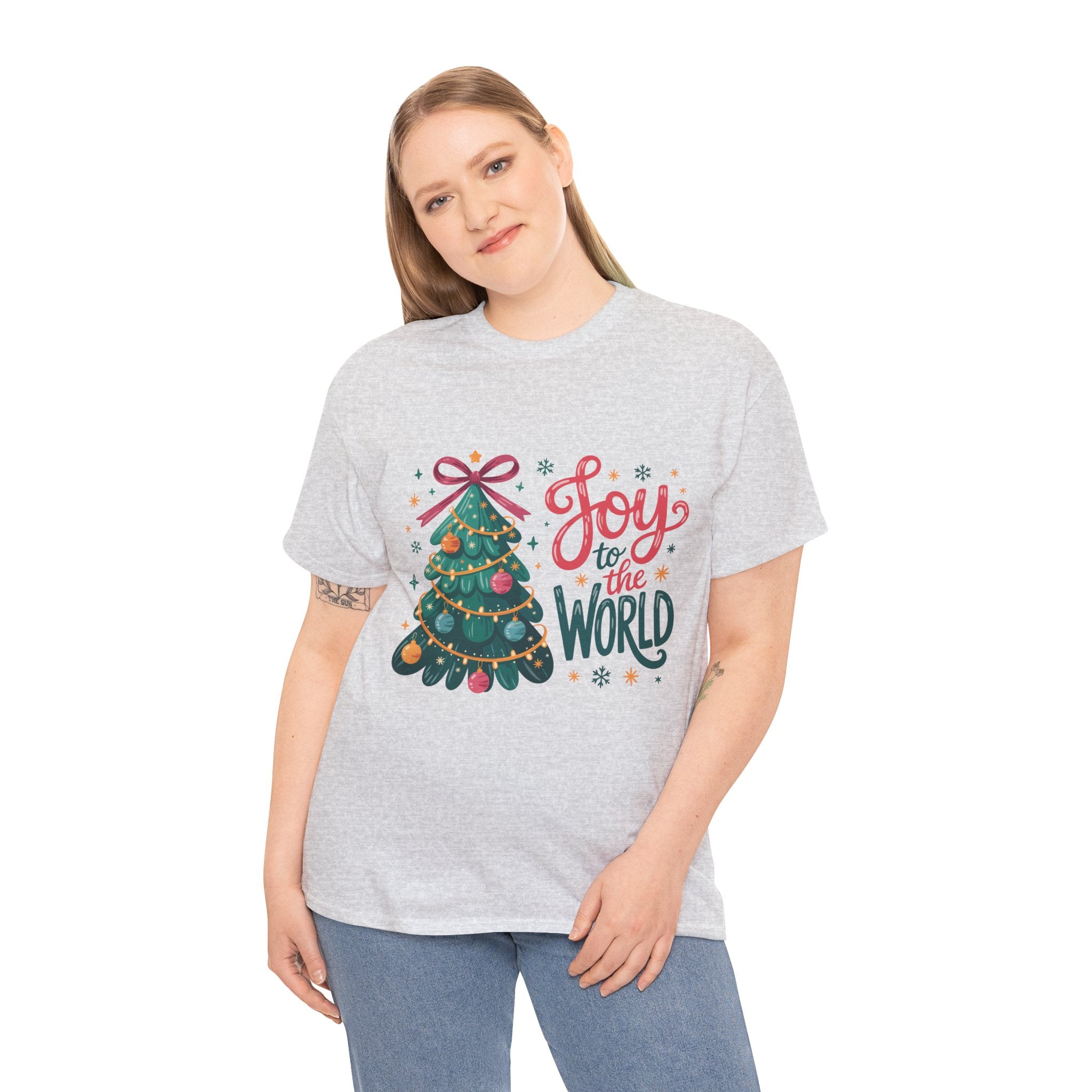 Joy to the World Christmas Tee — Festive Tree with Pink Bow..Unisex Cotton Tee