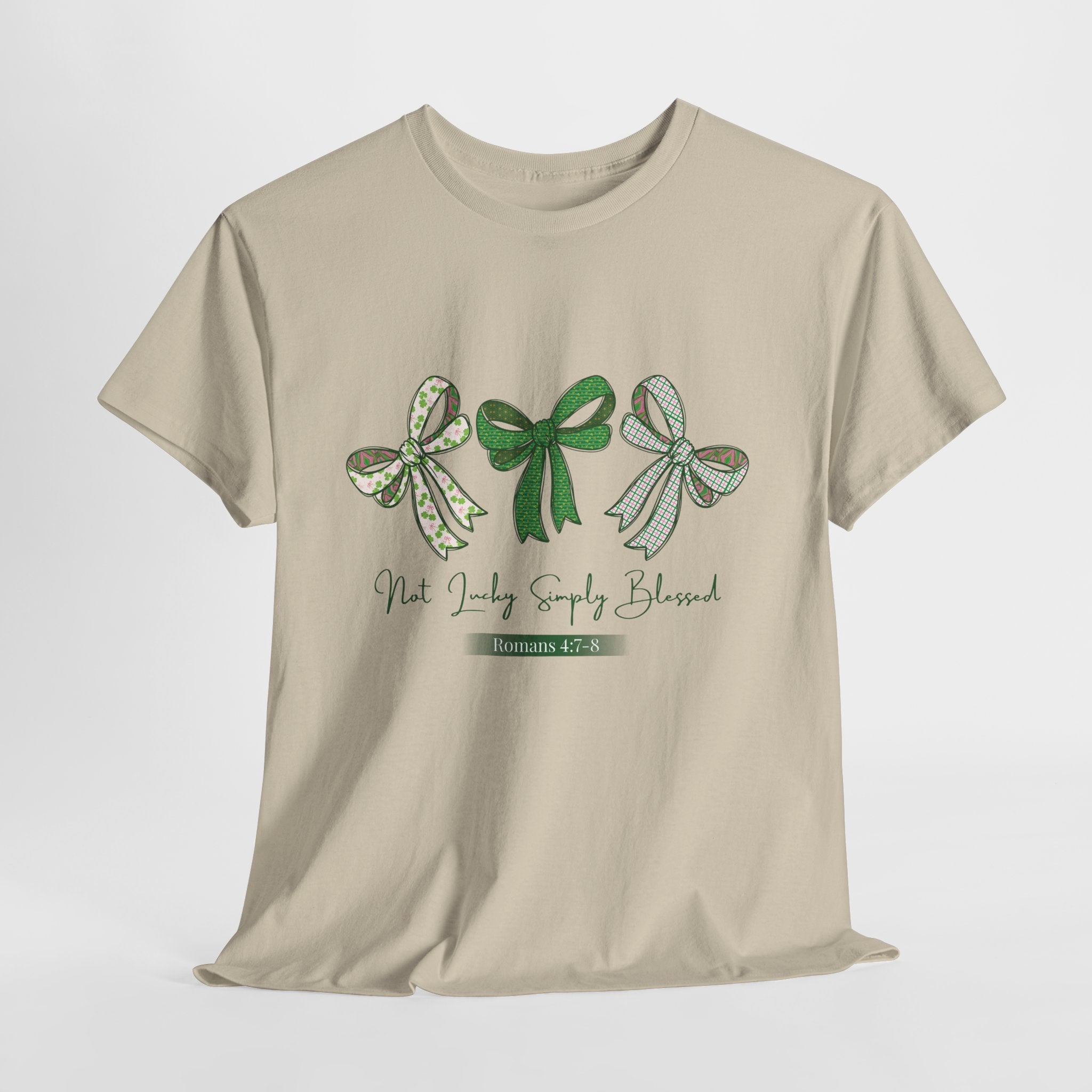 Not Lucky Simply Blessed Tee — Romans 4:7-8 Green Bow Christian Unisex Cotton T-Shirt