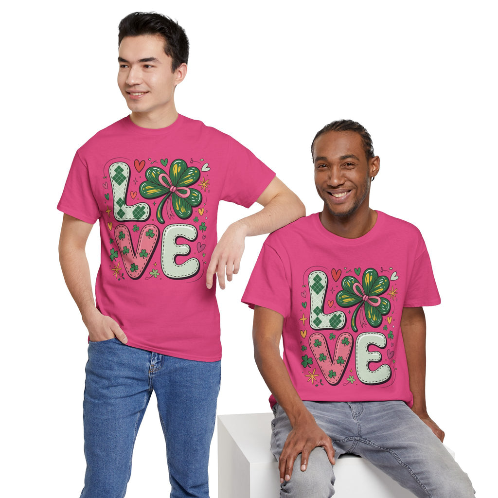 Stitched Clover 'LOVE' Tee — Heart & Patchwork St. Patrick's Unisex Cotton T-Shirt