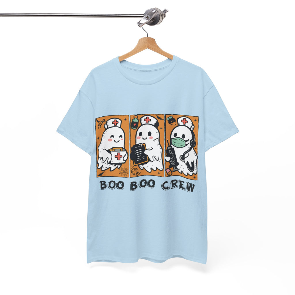 Halloween Nurse T-Shirt — Ghost Nurses Holding Medical Tools on Orange Unisec Cotton Tee