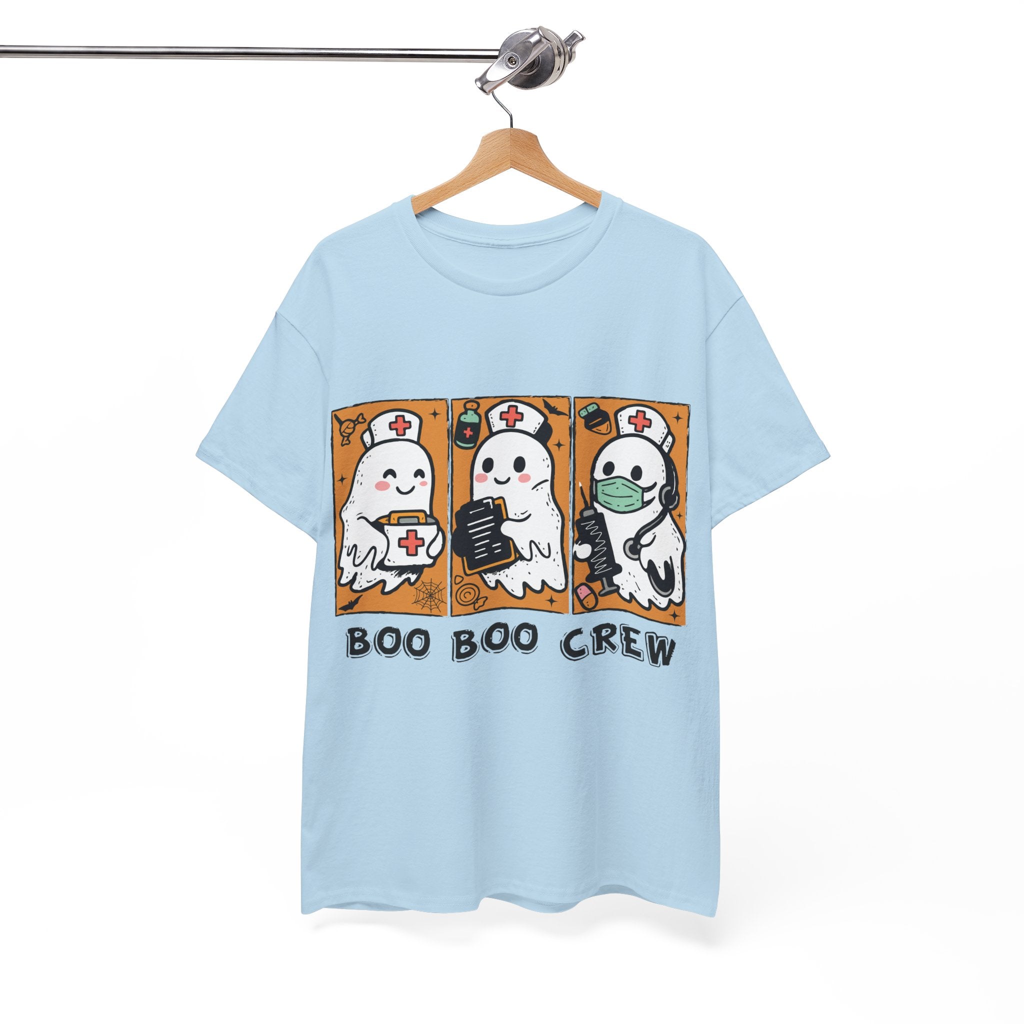 Halloween Nurse T-Shirt — Ghost Nurses Holding Medical Tools on Orange Unisec Cotton Tee