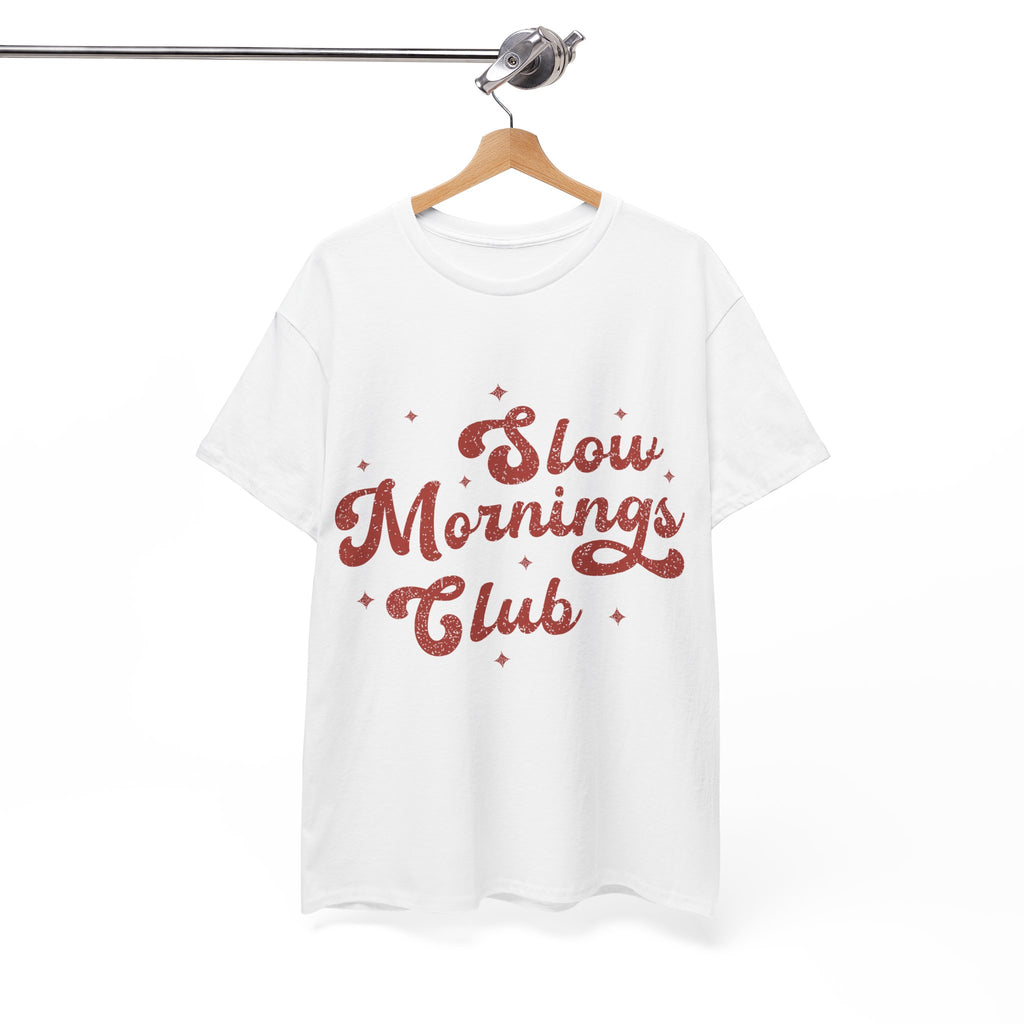 Slow Mornings Club T-Shirt — Retro Red Sparkle Unisex Cotton Tee