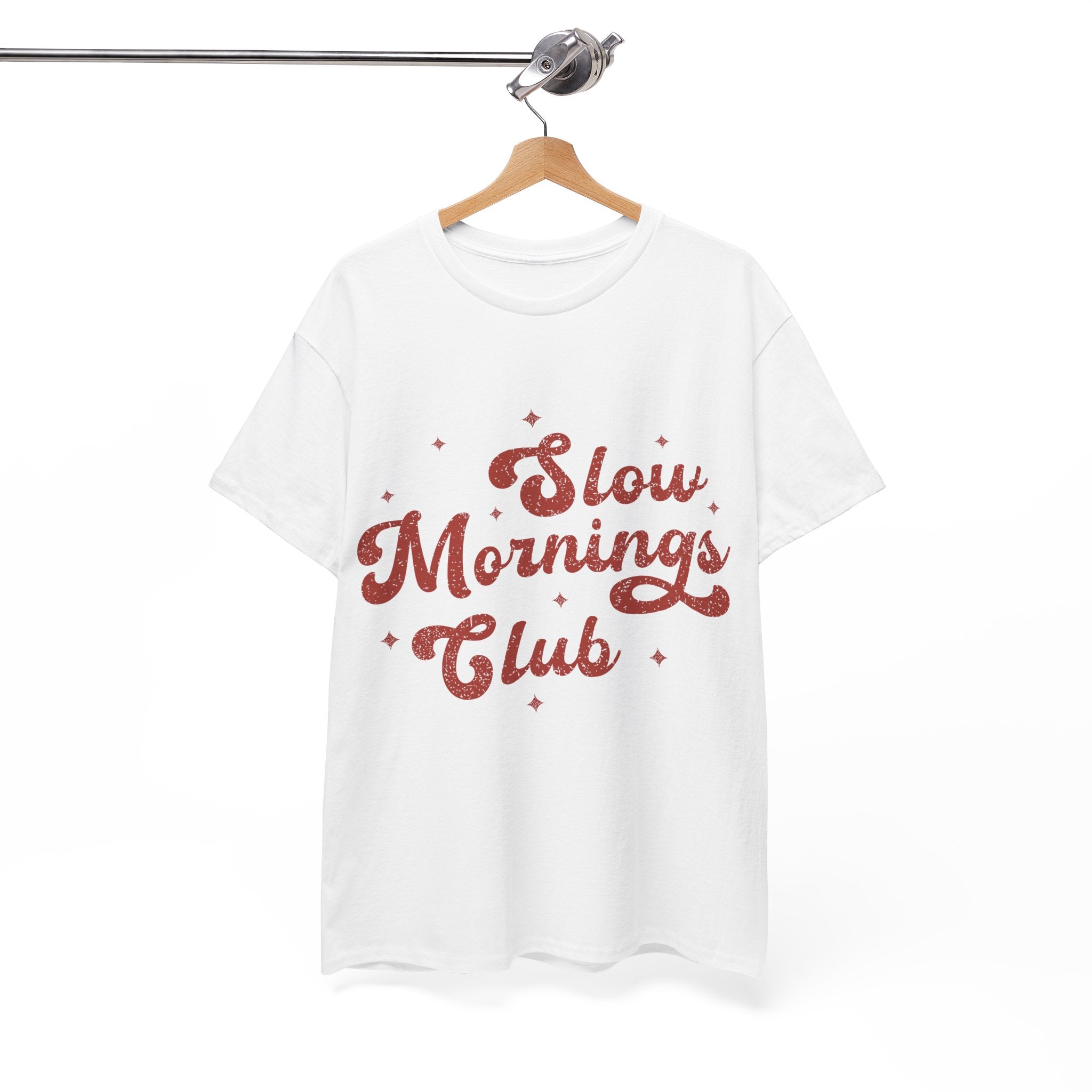 Slow Mornings Club T-Shirt — Retro Red Sparkle Unisex Cotton Tee
