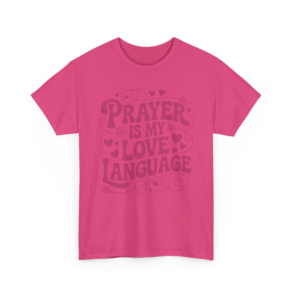 Prayer Is My Love Language Christian Tee — Pastel Pink Hearts Unisex Cotton Tee