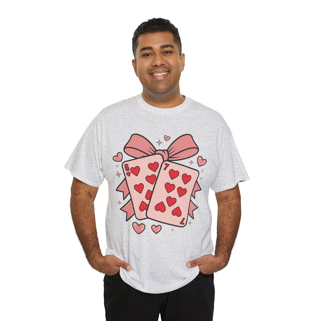 6 & 7 of Hearts T-Shirt — Paired Playing Cards with Pink Bow Unisex Cotton Tee