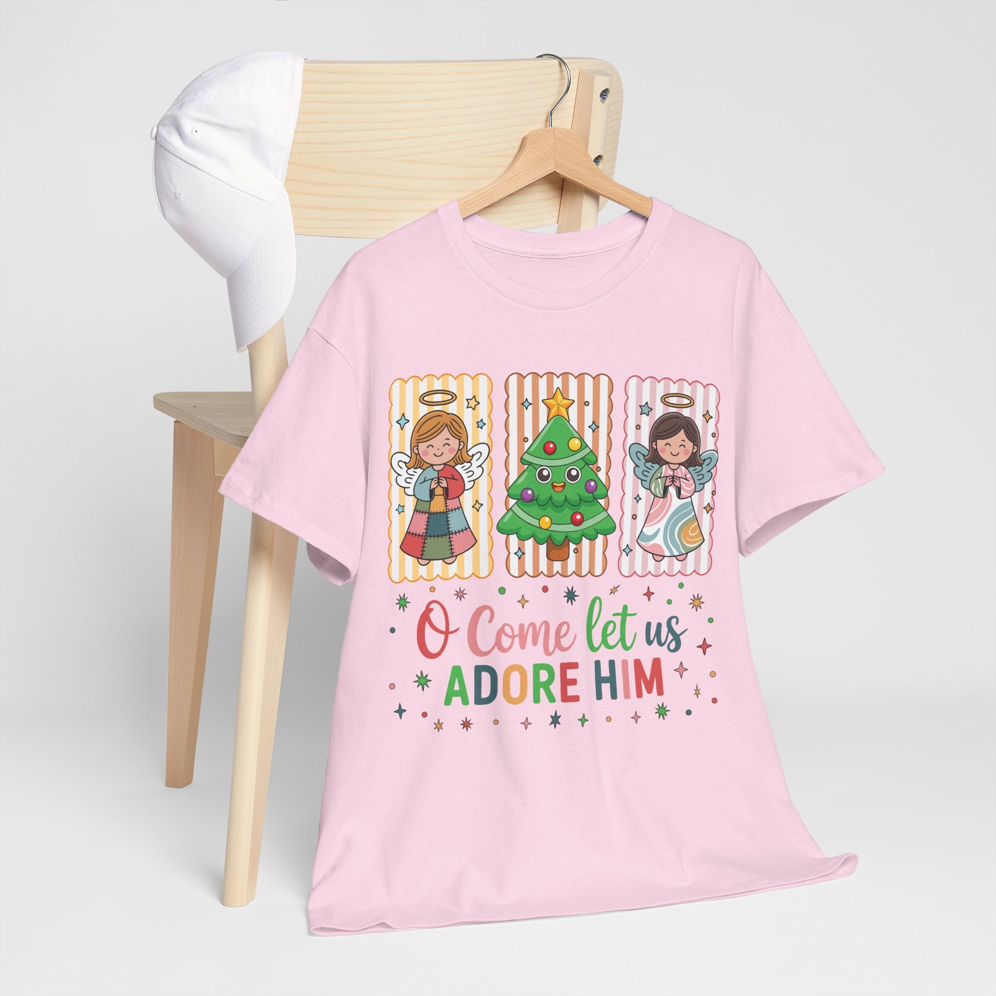 O Come Let Us Adore Him Christmas Tee — Smiling Angels & Happy Tree..Unisex Cotton Tee