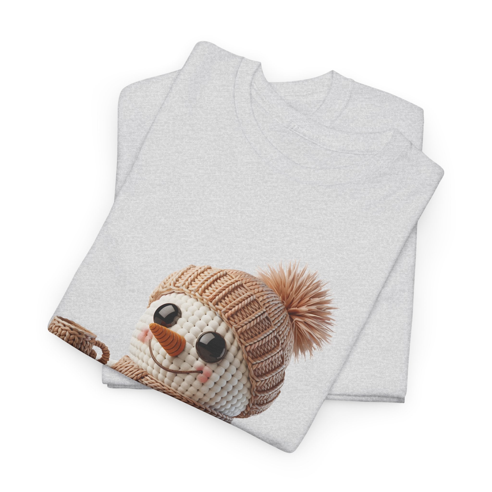 Cozy Snowman Tee — Smiling Snowman with Mug, Scarf & Beanie. Unisex Cotton Tee
