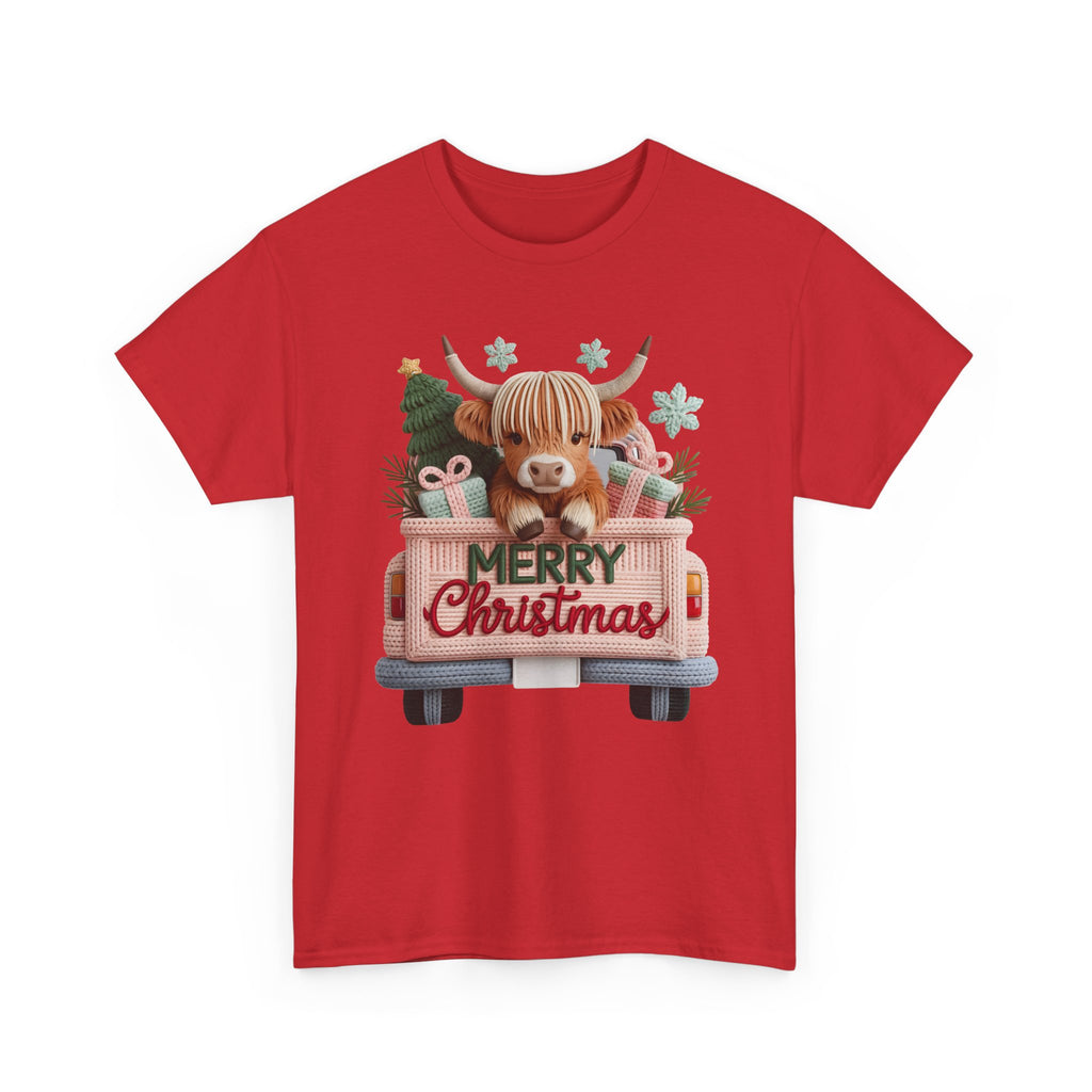 Merry Christmas Highland Cow Knit Truck Unisex Cotton T-Shirt