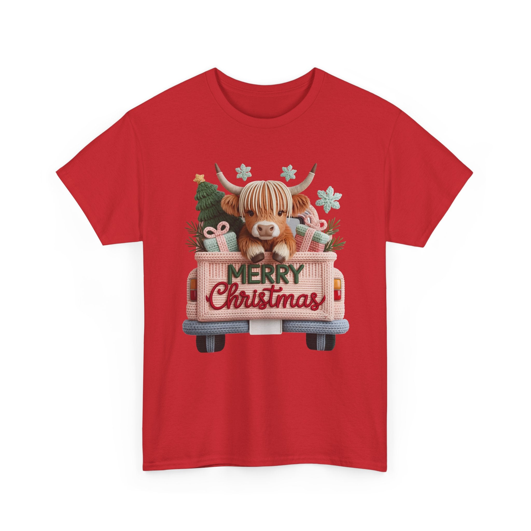 Merry Christmas Highland Cow Knit Truck Unisex Cotton T-Shirt