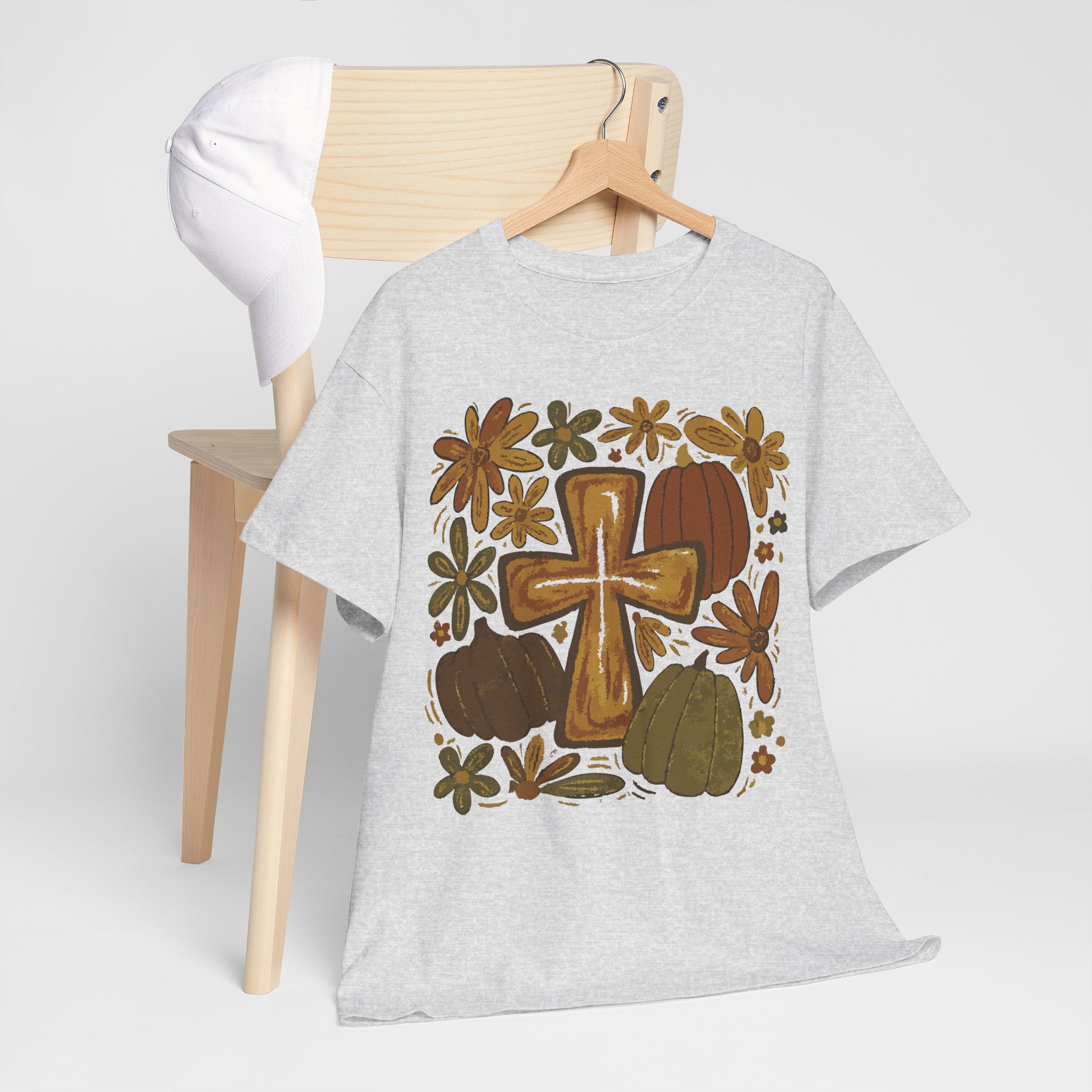 Autumn Cross Tee — Rustic Pumpkin & Fall Floral Christian Unisaex Cotton T-Shirt