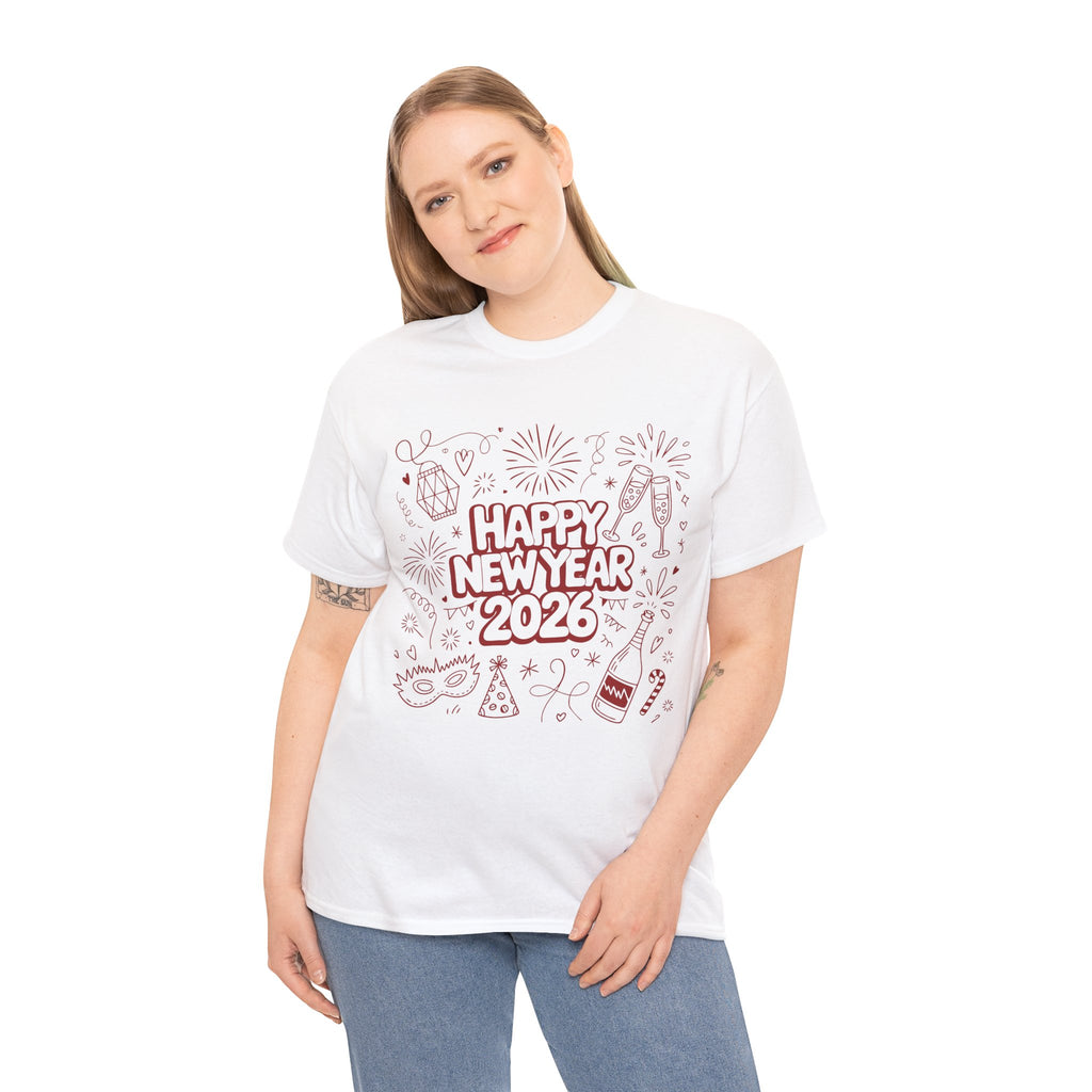 Happy New Year 2026 Doodle T-Shirt — Pink Party Icons & Champagne Unisex Cotton Tee