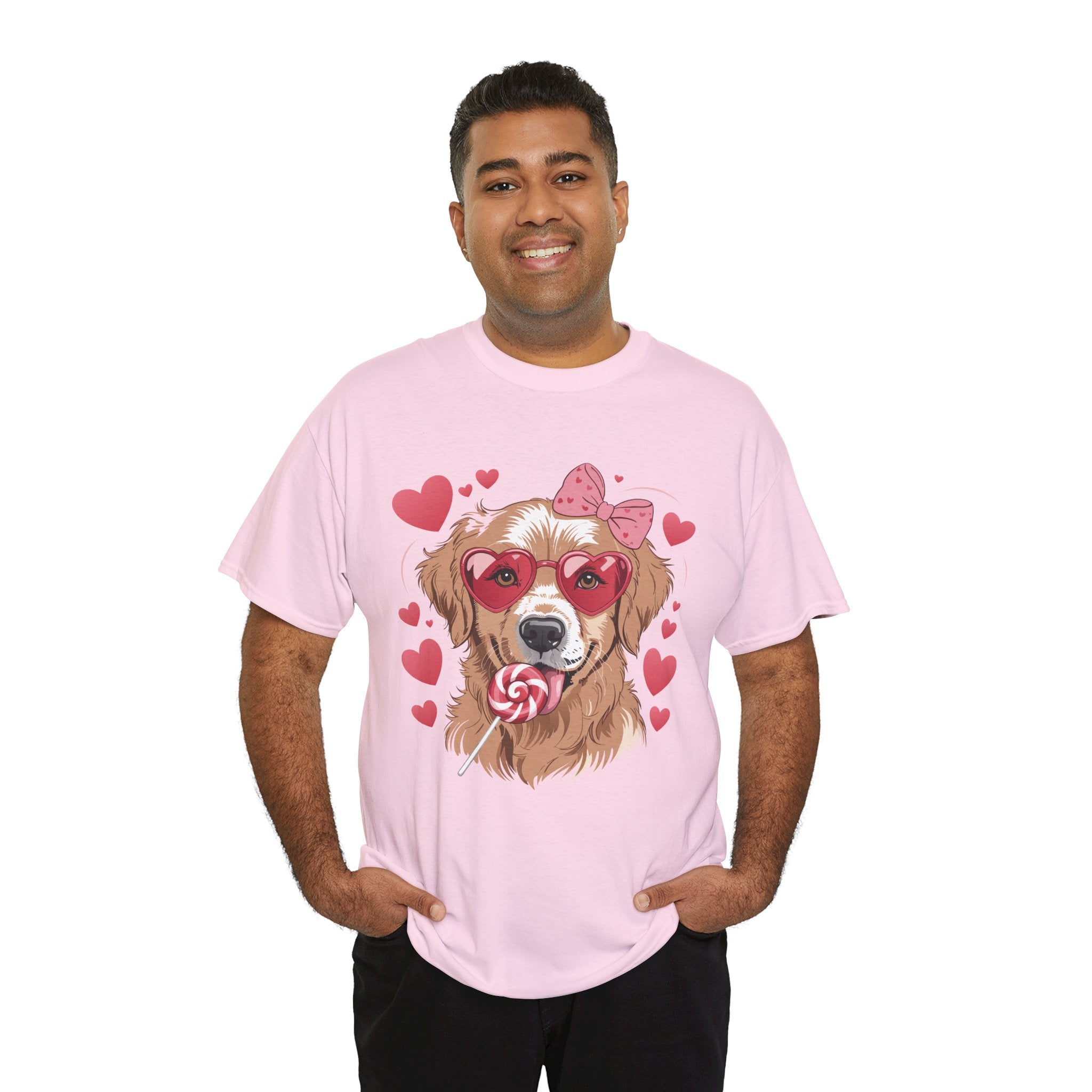 Valentine Dog T-Shirt — Cute Pup with Heart Glasses, Pink Bow & Lollipop..Unisex Cotton Tee