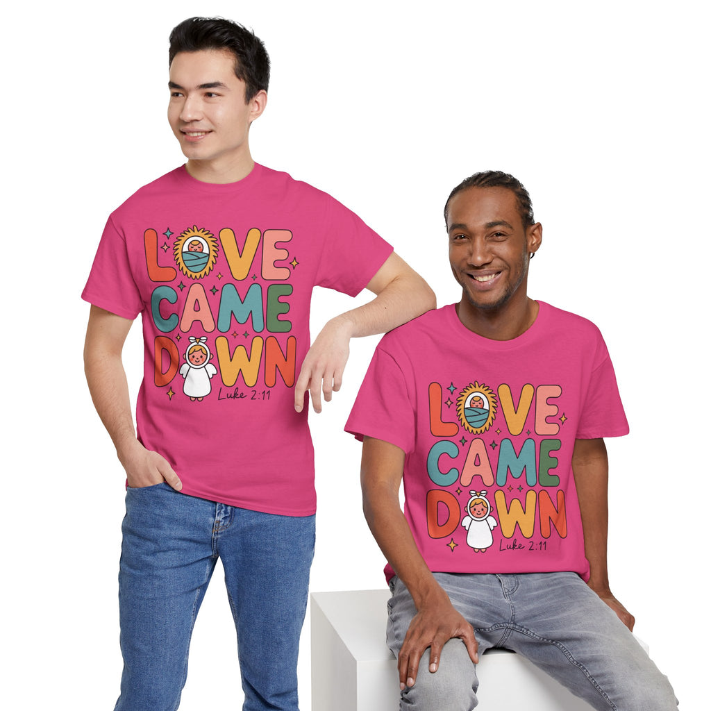 Love Came Down Christmas Tee — Baby Jesus Manger Angel (Luke 2:11)..Unisex Cotton Tee