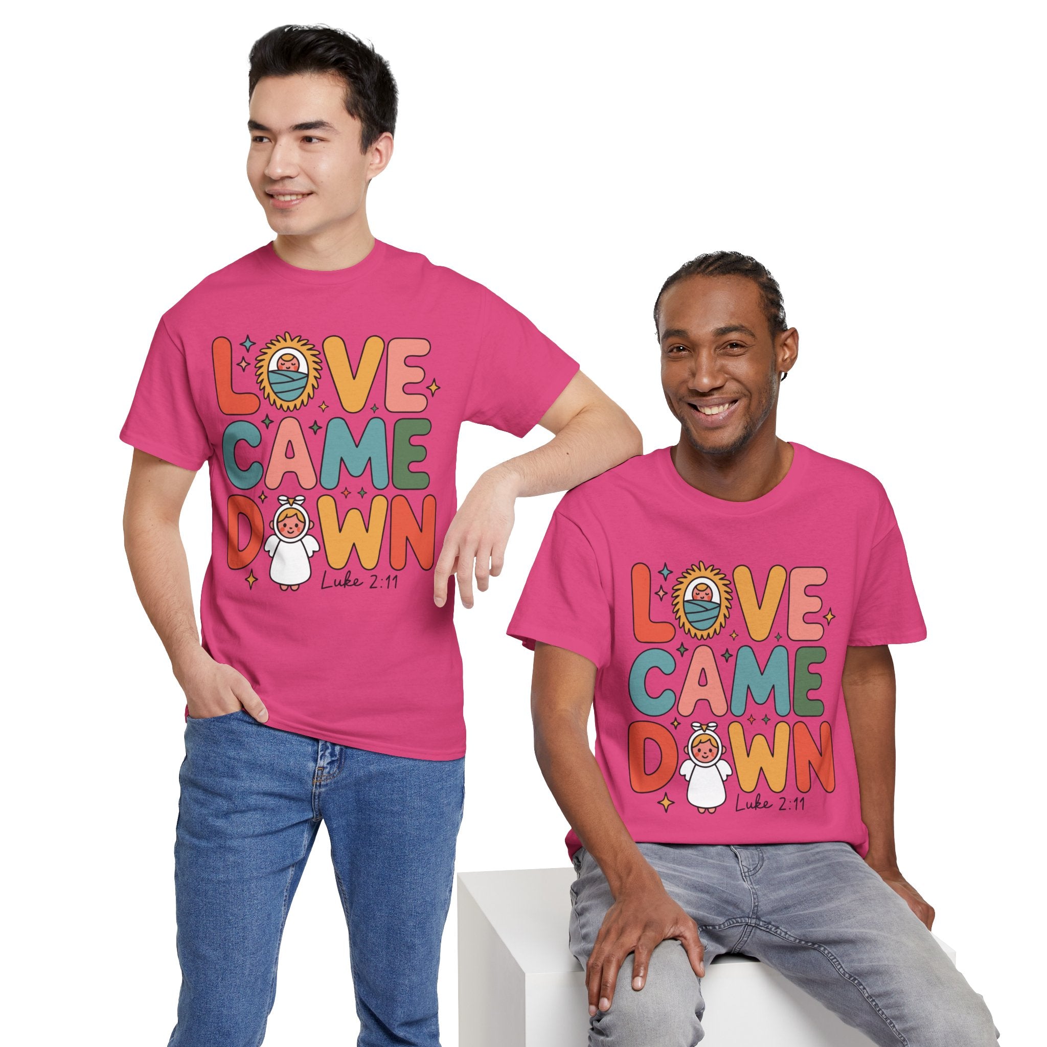 Love Came Down Christmas Tee — Baby Jesus Manger Angel (Luke 2:11)..Unisex Cotton Tee