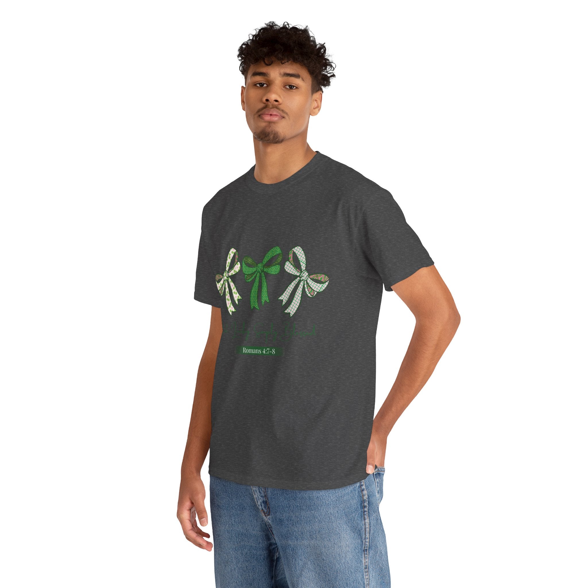 Not Lucky Simply Blessed Tee — Romans 4:7-8 Green Bow Christian Unisex Cotton T-Shirt