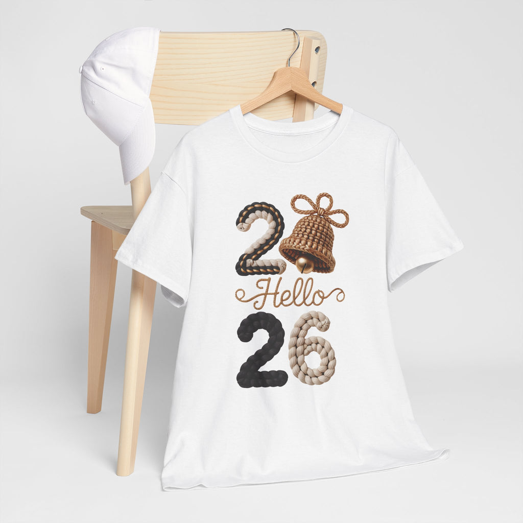 Hello 2026 Tee — Cozy Faux Yarn Braided Numbers with Woven Golden Bell..Unisex Cotton Tee