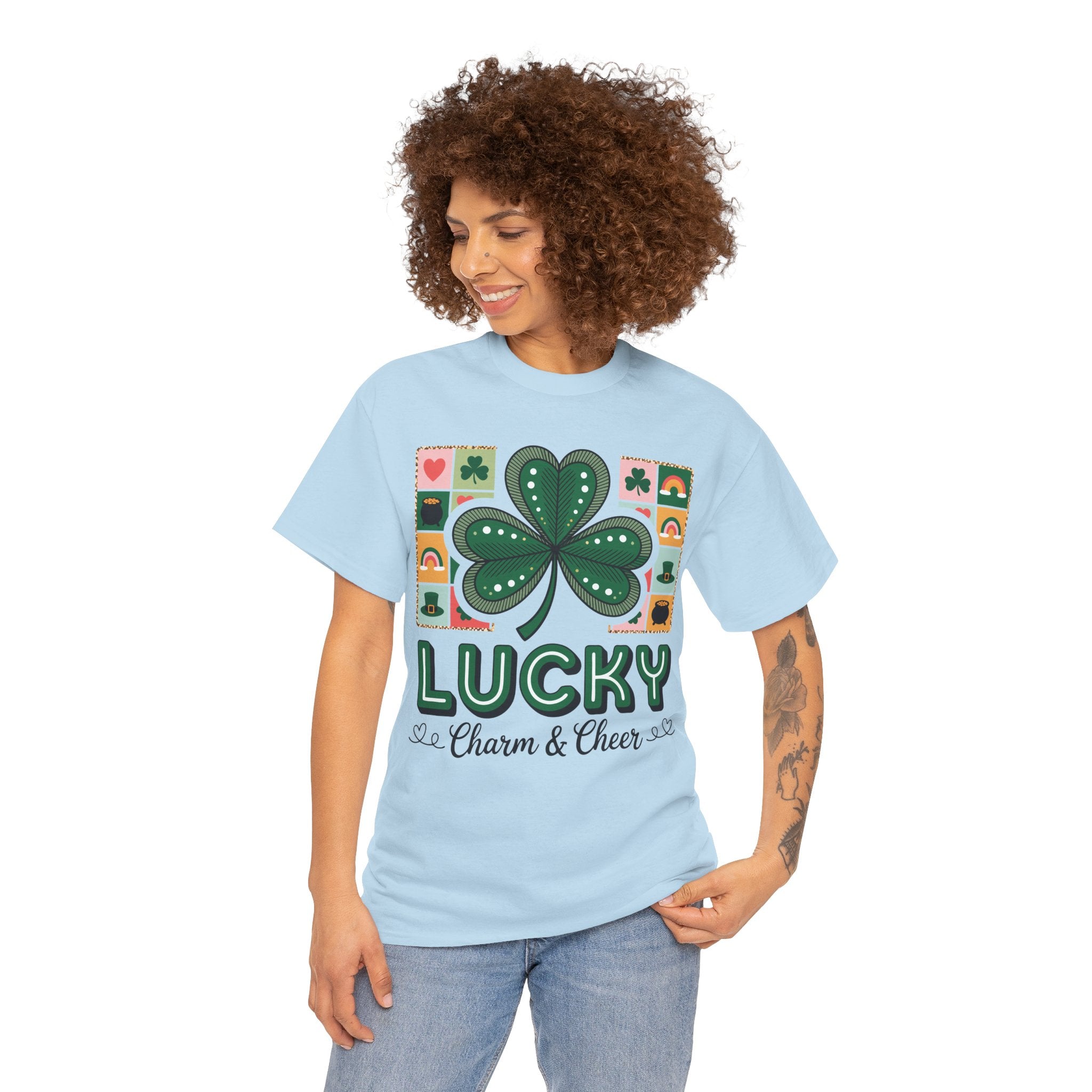 Lucky Charm & Cheer Clover Tee — Patchwork St. Patrick’s Day Unisex Cotton T-Shirt