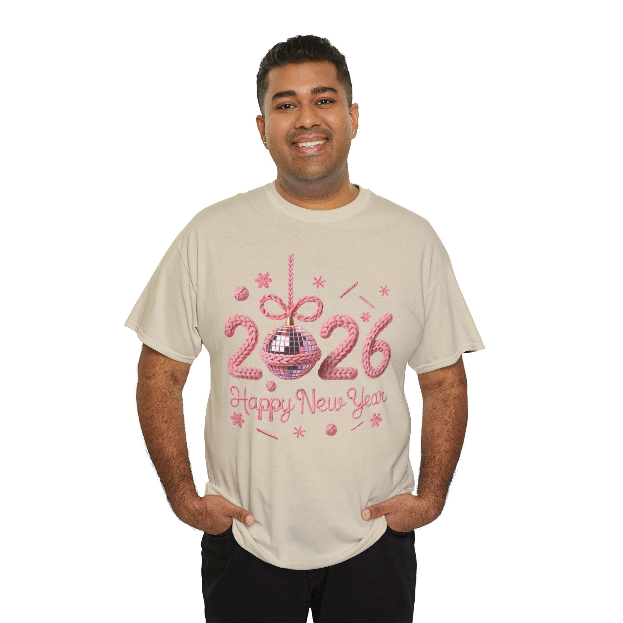 2026 Happy New Year Pink Knitted Disco Ball Unisex Cotton Tee