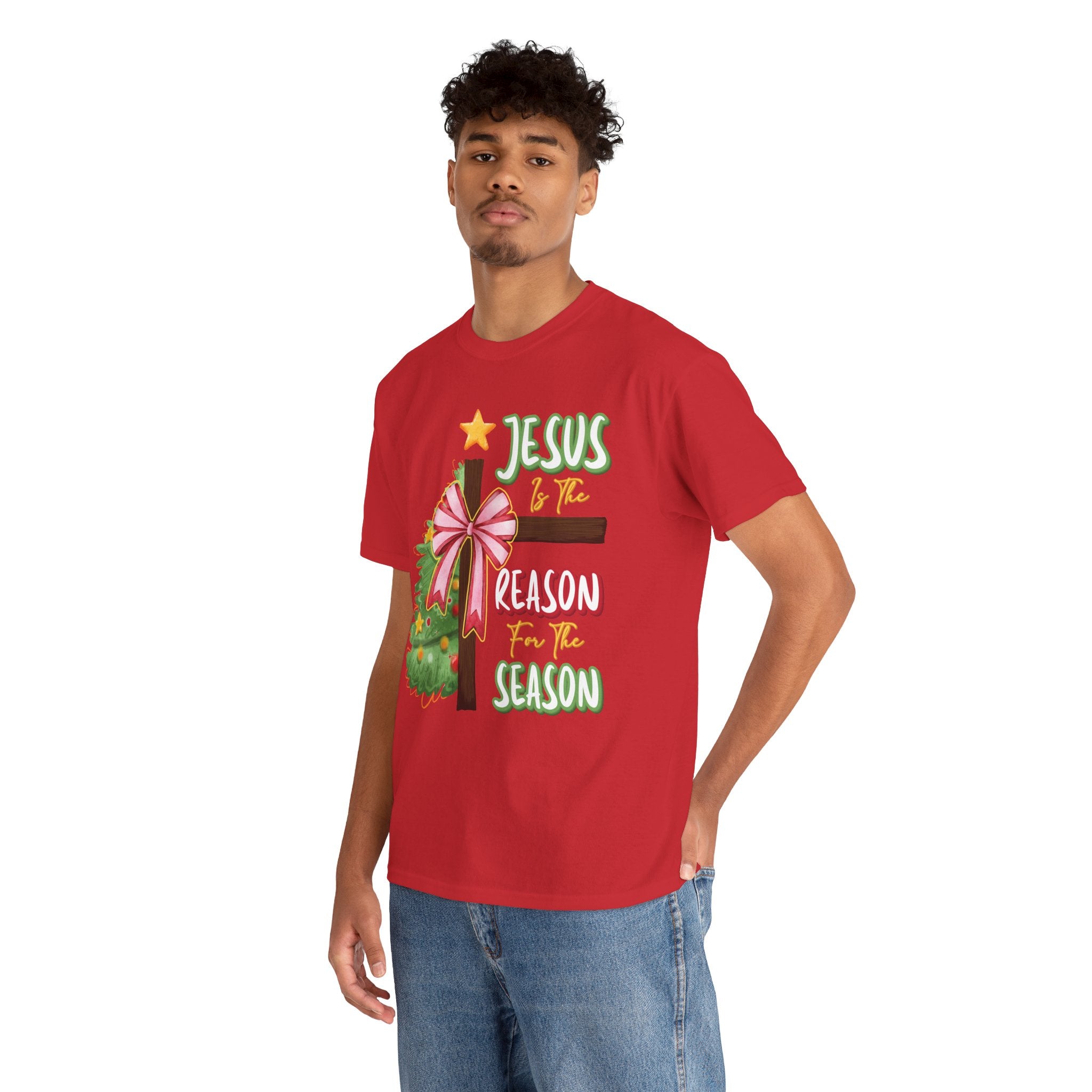 Jesus Is the Reason for the Season Christmas Tee — Cross with Pink Bow & Tree. Unisex Cotton Tee