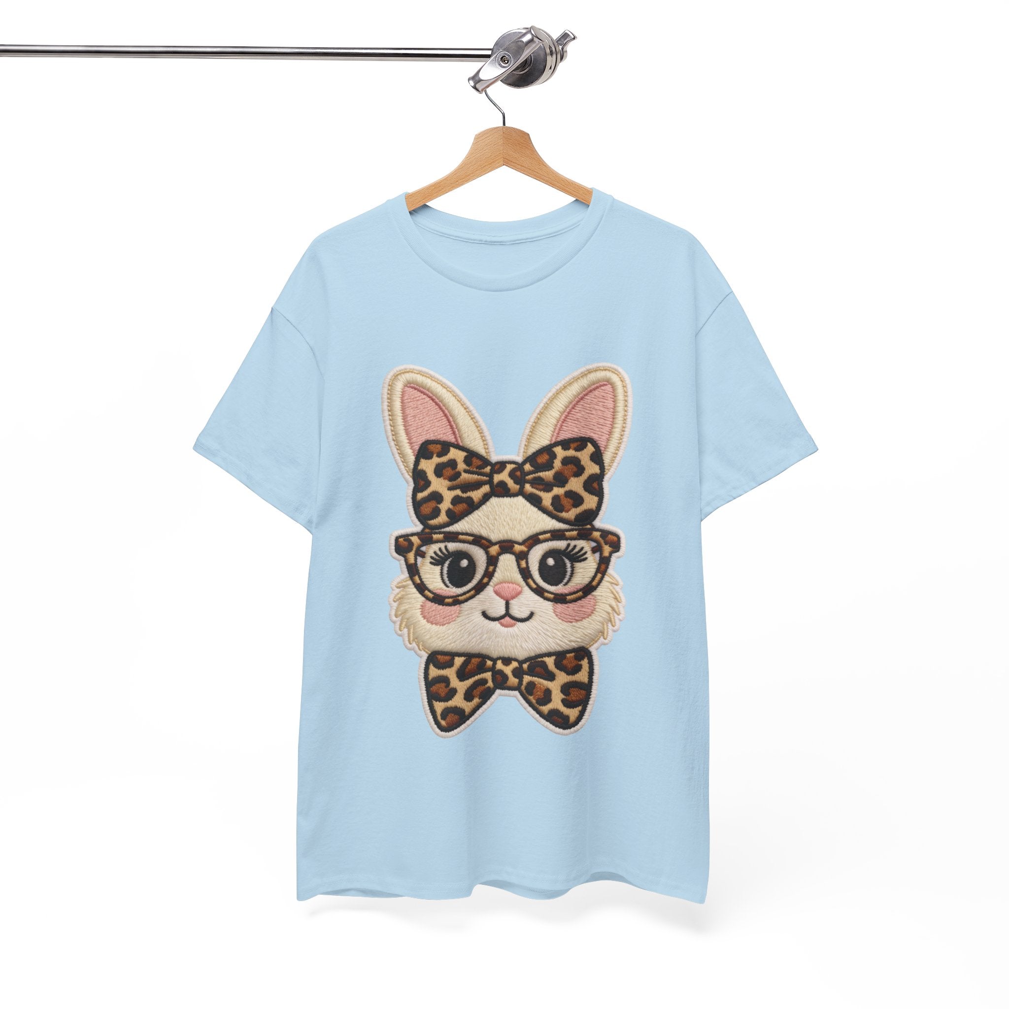 Leopard Bow Bunny Embroidered Tee — Cute Bunny Face with Glasses Patch Unisex Cotton Tee