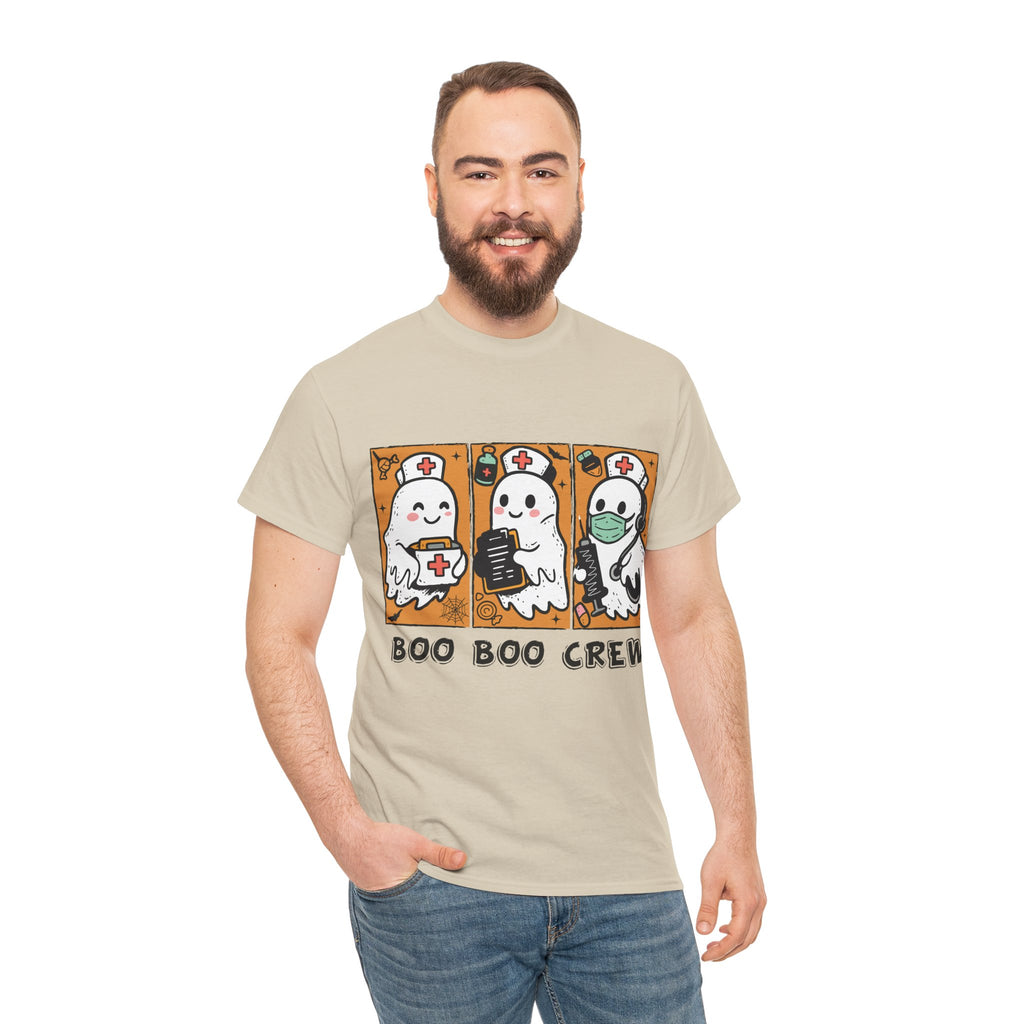 Halloween Nurse T-Shirt — Ghost Nurses Holding Medical Tools on Orange Unisec Cotton Tee