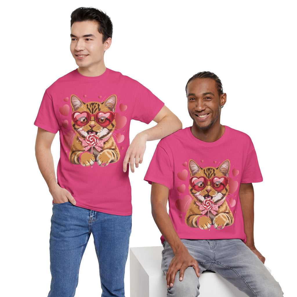 Valentine Cat Tee — Heart Glasses, Lollipop Bow Unisex Cotton Tee