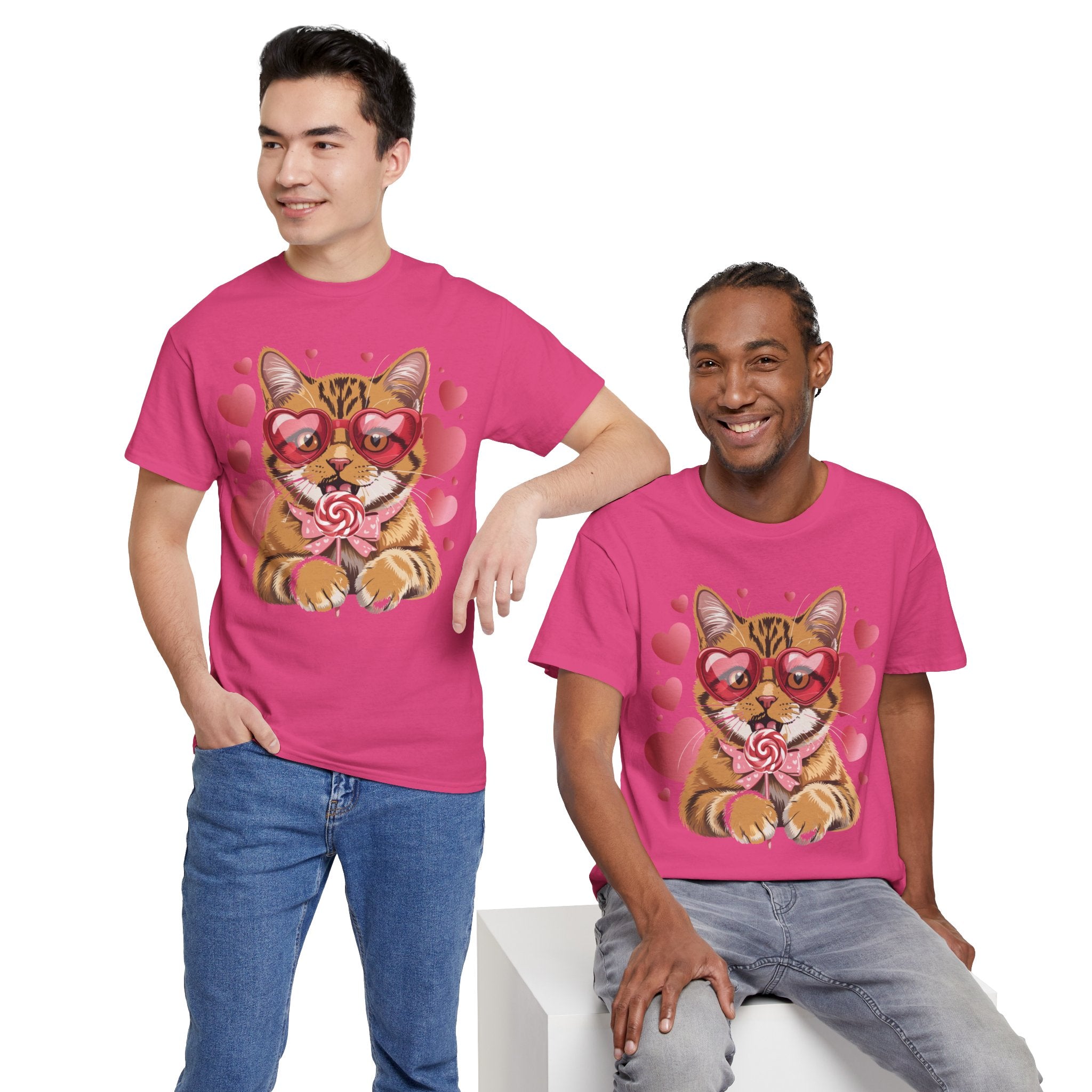 Valentine Cat Tee — Heart Glasses, Lollipop Bow Unisex Cotton Tee