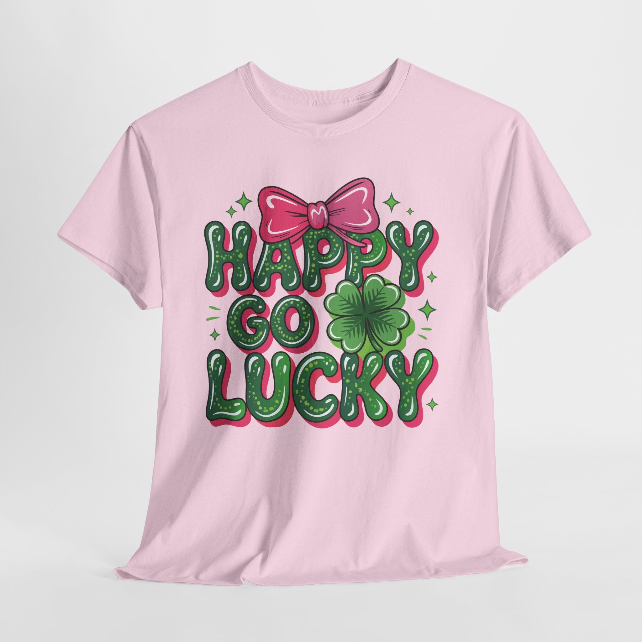 Happy Go Lucky Four-Leaf Clover Tee — Glossy Green Letters & Pink Bow Unisex Cotton Tee