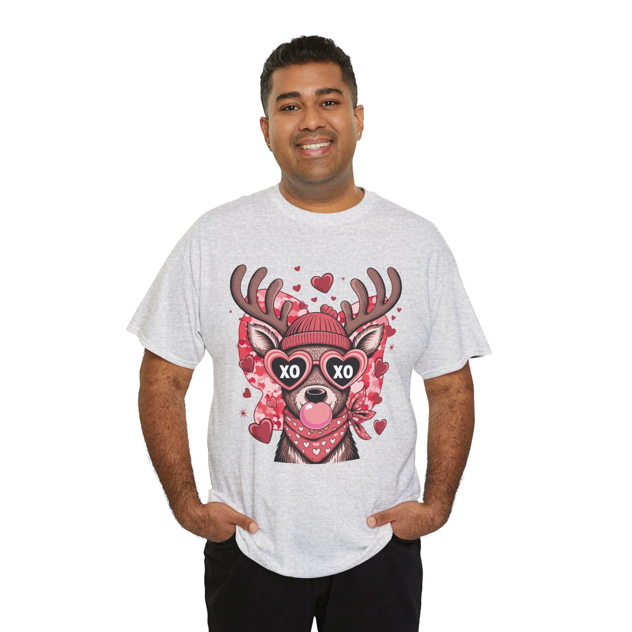 Valentine Deer Tee — Cute XO Heart Glasses, Beanie & Scarf Unisex Cotton Tshirt