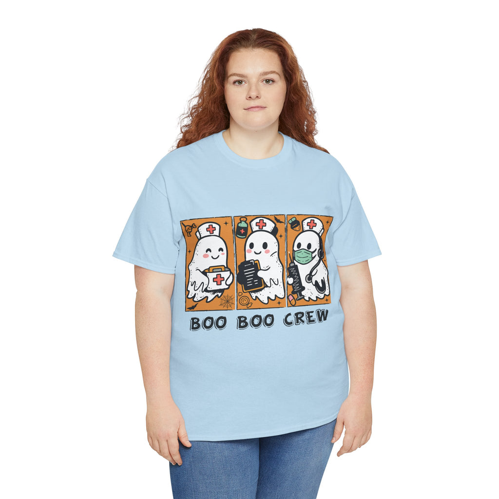 Halloween Nurse T-Shirt — Ghost Nurses Holding Medical Tools on Orange Unisec Cotton Tee