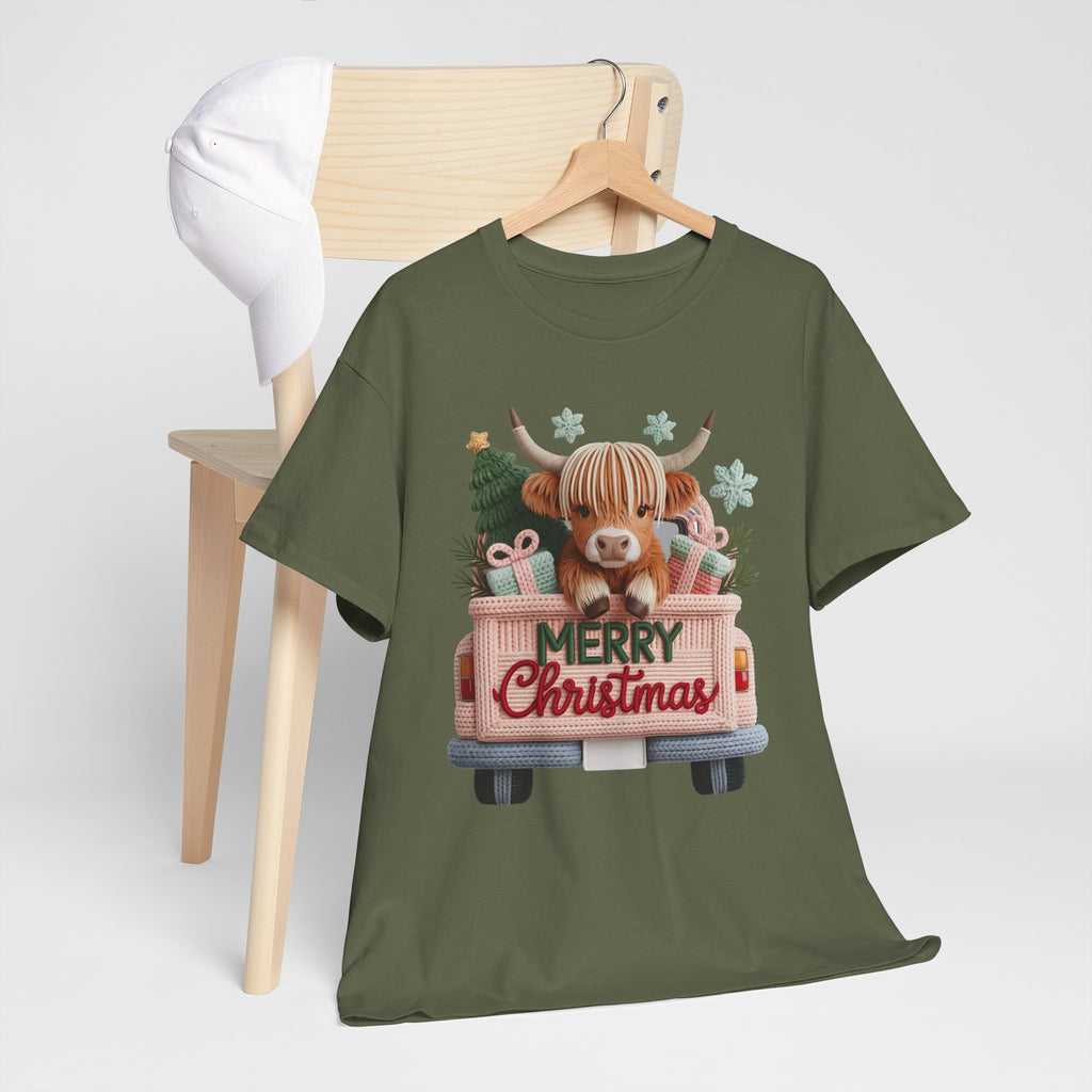 Merry Christmas Highland Cow Knit Truck Unisex Cotton T-Shirt