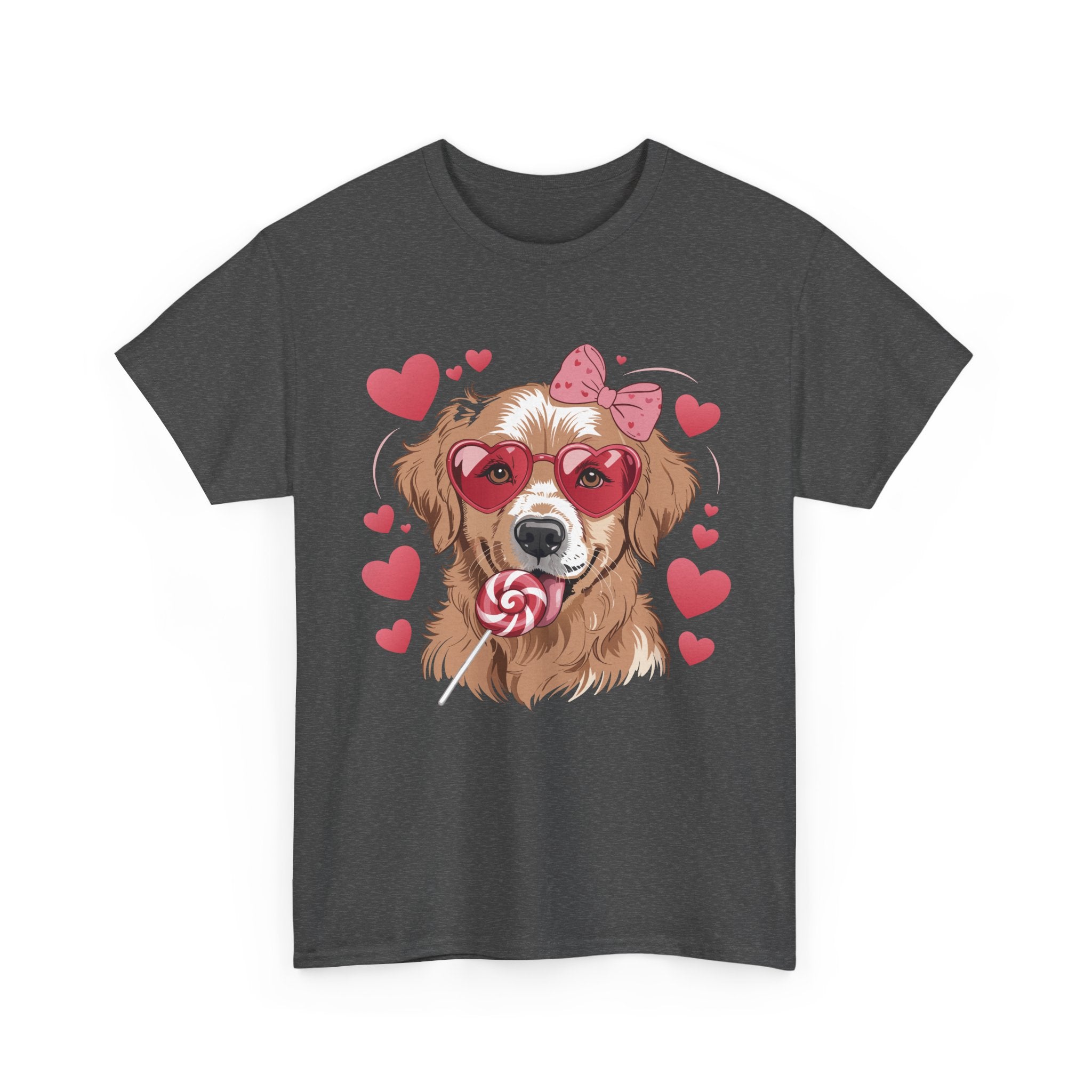 Valentine Dog T-Shirt — Cute Pup with Heart Glasses, Pink Bow & Lollipop..Unisex Cotton Tee