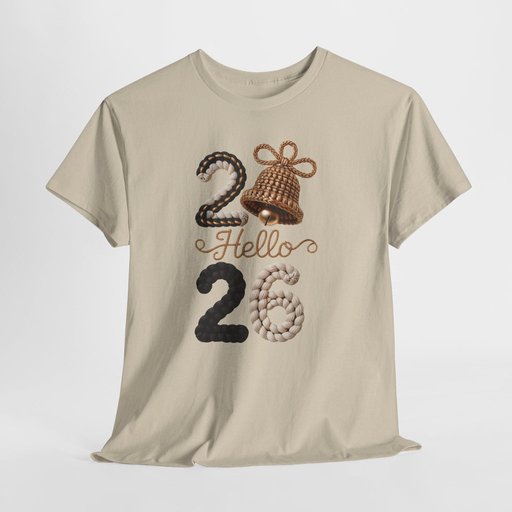 Hello 2026 Tee — Cozy Faux Yarn Braided Numbers with Woven Golden Bell..Unisex Cotton Tee
