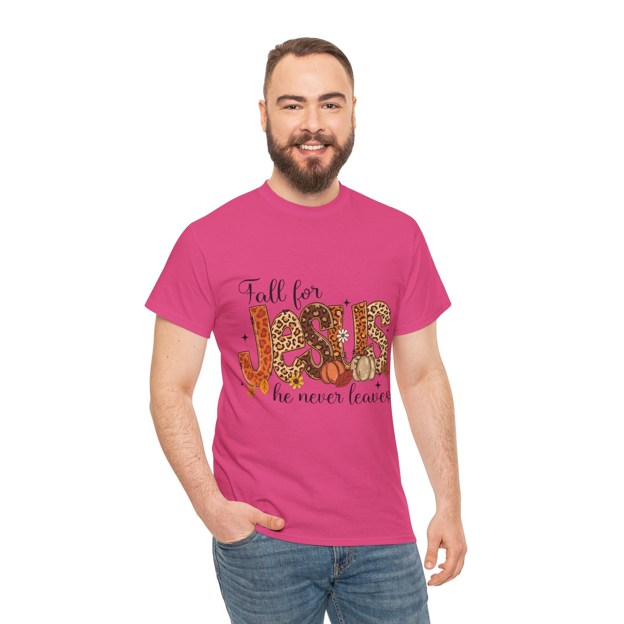 JESUS Leopard Print Fall T-Shirt — Pumpkins, Leaves & Floral Christian Unisex Cotton Tee
