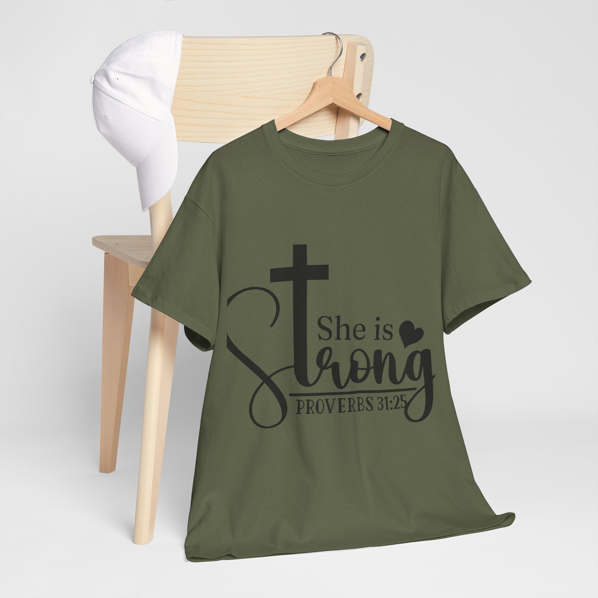 Proverbs 31:25 'She is Strong' T-Shirt – Christian Cross & Heart Unisex Cotton Tee