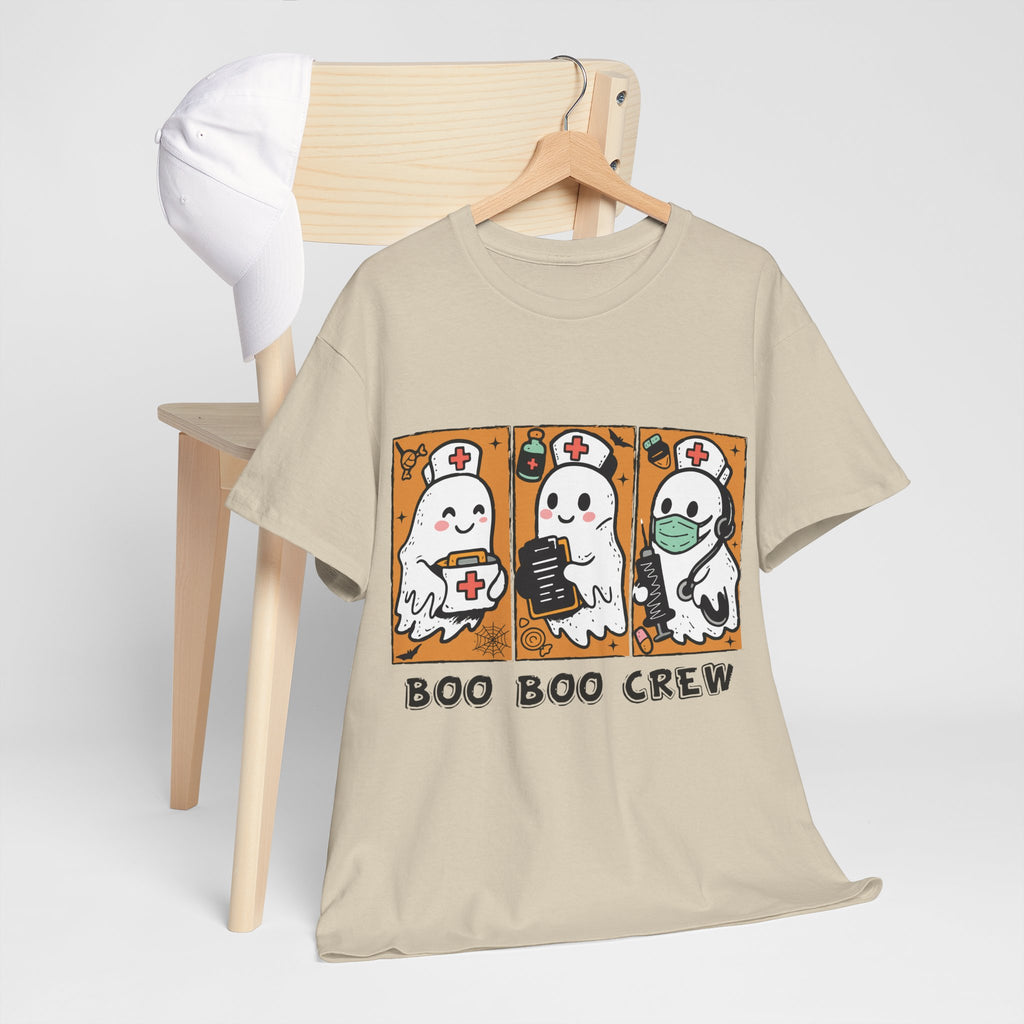 Halloween Nurse T-Shirt — Ghost Nurses Holding Medical Tools on Orange Unisec Cotton Tee