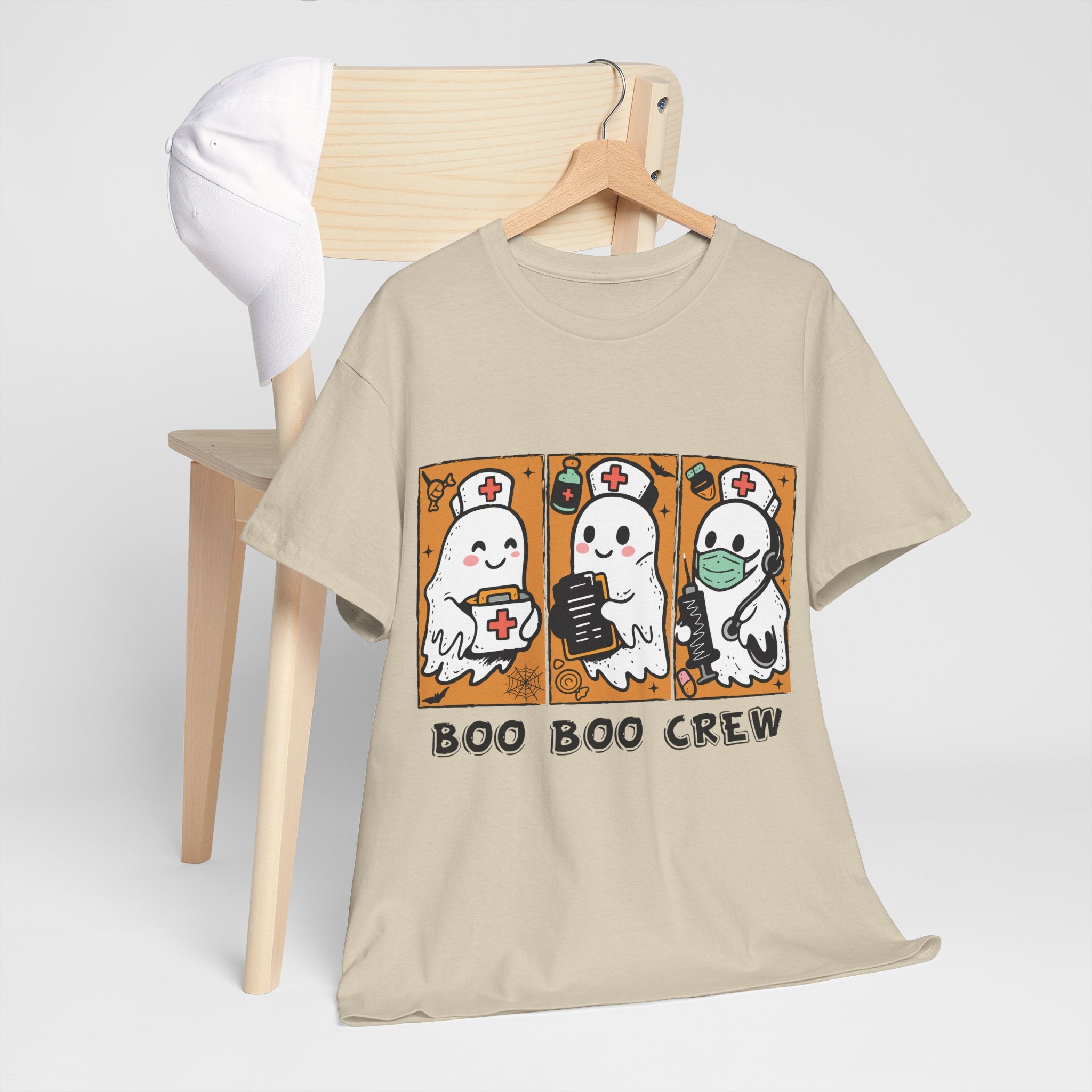 Halloween Nurse T-Shirt — Ghost Nurses Holding Medical Tools on Orange Unisec Cotton Tee
