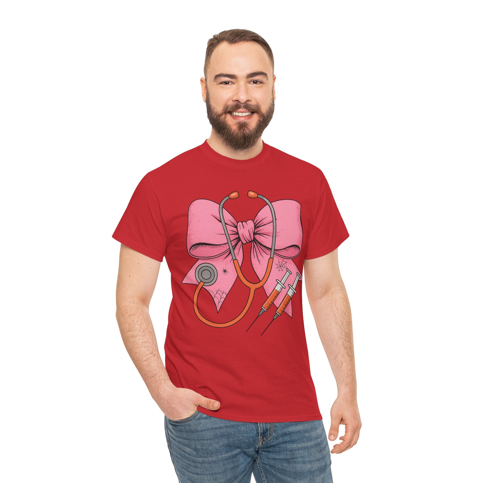Halloween Nurse T‑Shirt — Pink Nurse Bow with Stethoscope, Syringes & Spider Webs..Unisex Cotton Tee