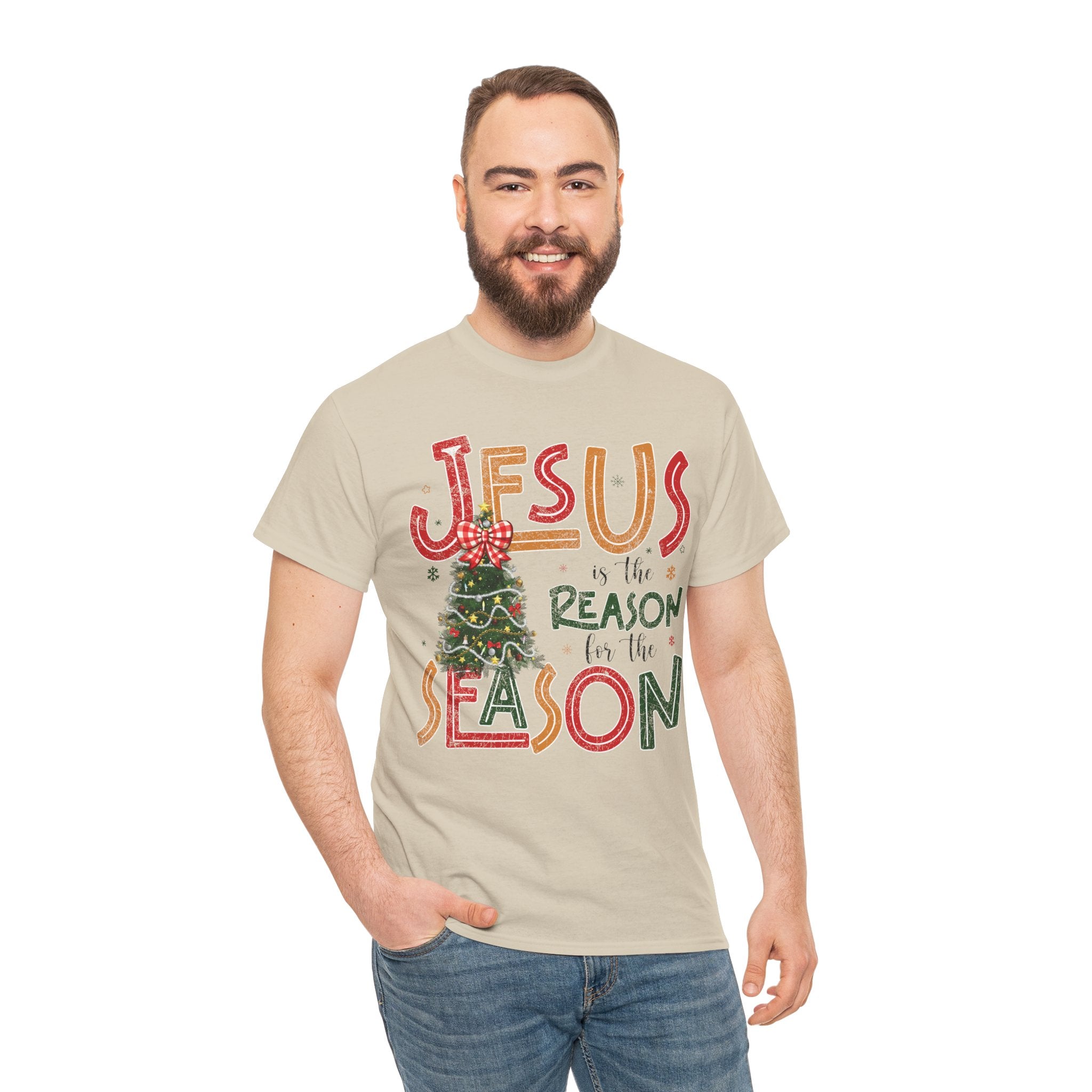 Jesus Is the Reason for the Season Christmas T-Shirt — Plaid Bow Tree..Unisex Cotton Tee