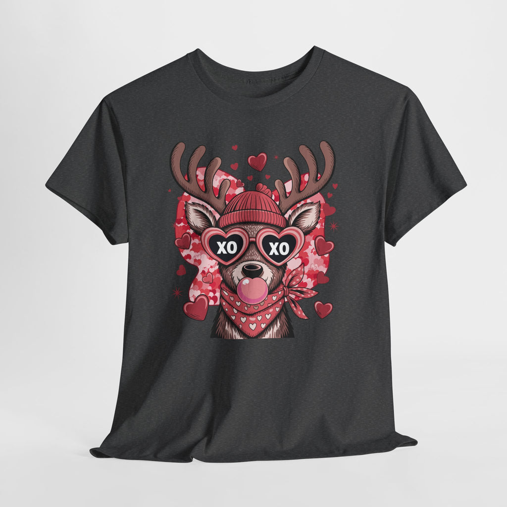 Valentine Deer Tee — Cute XO Heart Glasses, Beanie & Scarf Unisex Cotton Tshirt