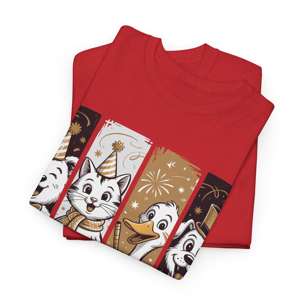 Happy New Year Party Animals T-Shirt — Cute Smiling Animals in Party Hats & Gold Fireworks..Unisex Cotton Tee
