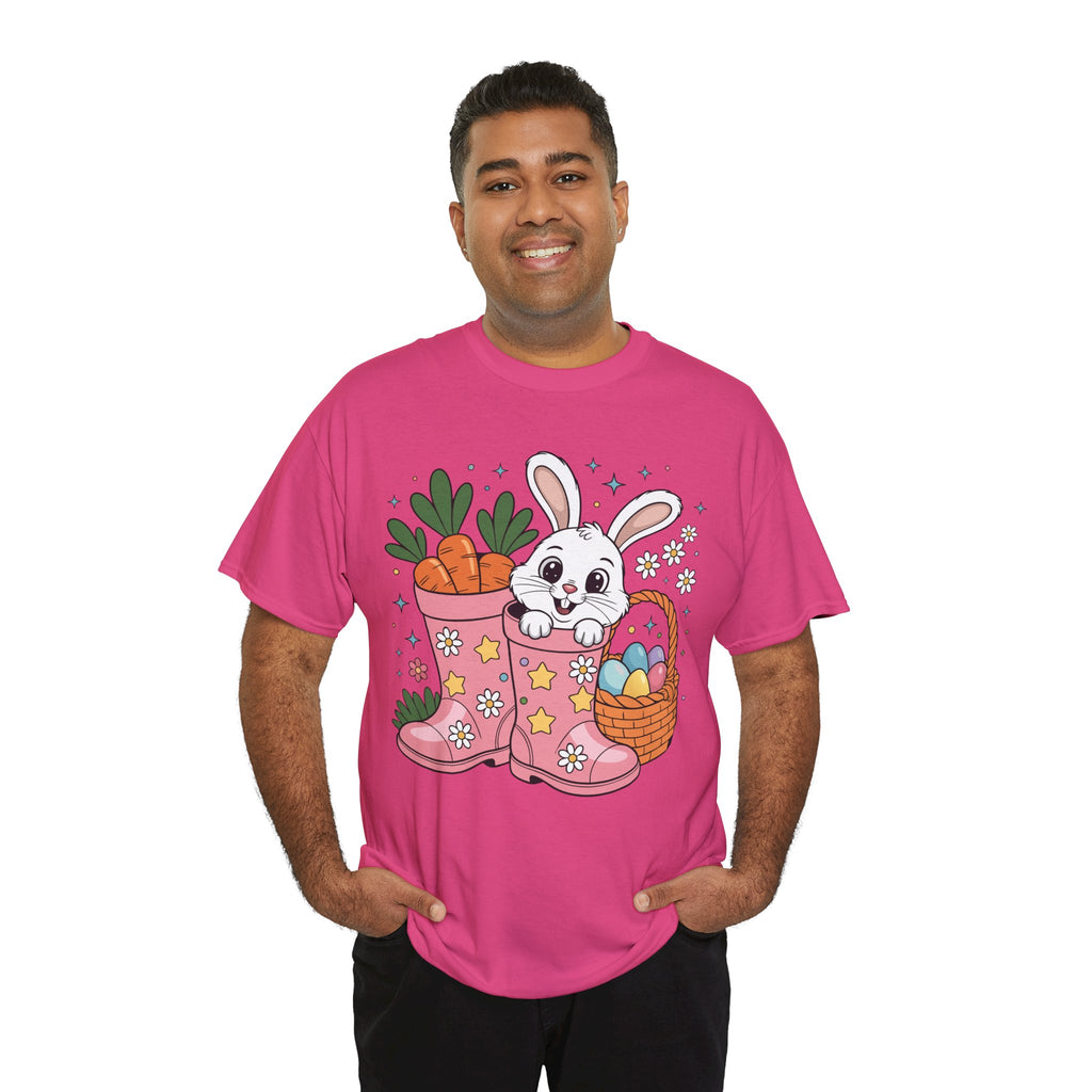 Easter Bunny in Pink Rain Boots T-Shirt — Cartoon Bunny, Carrots & Colorful Eggs Unisex Cotton Tee