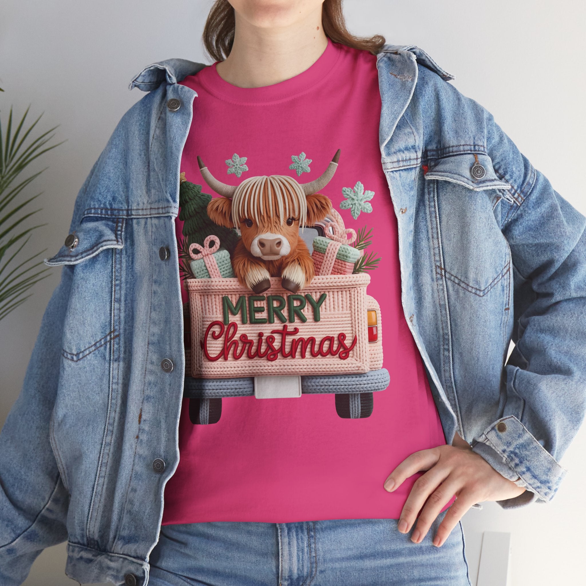 Merry Christmas Highland Cow Knit Truck Unisex Cotton T-Shirt