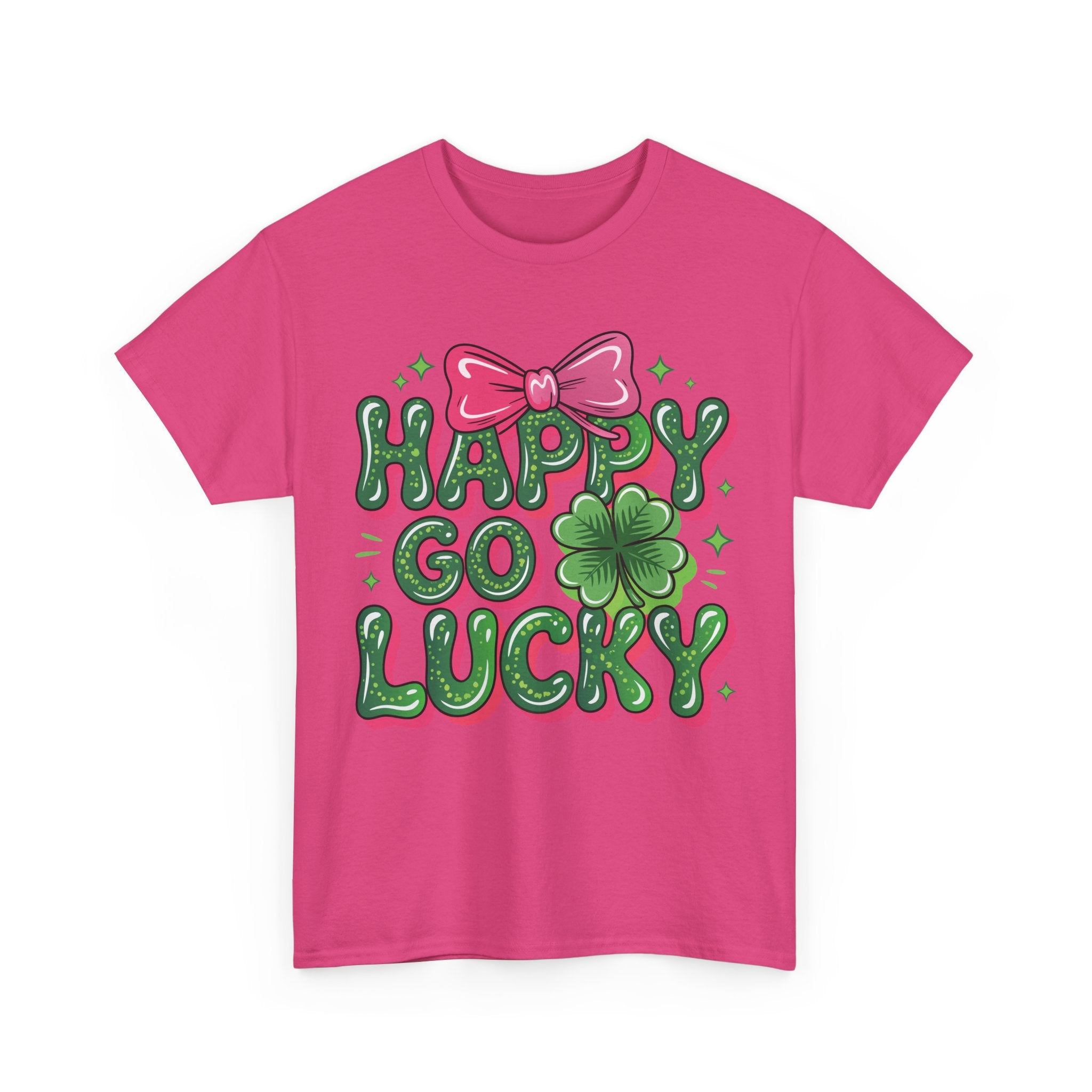 Happy Go Lucky Four-Leaf Clover Tee — Glossy Green Letters & Pink Bow Unisex Cotton Tee